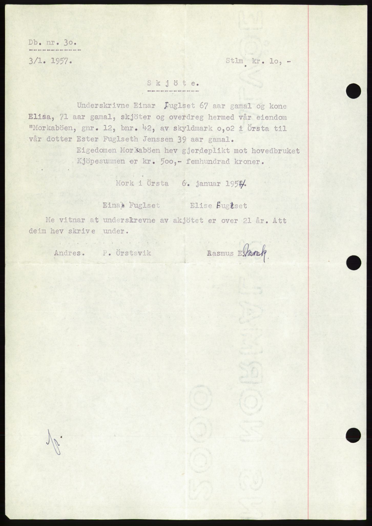 Søre Sunnmøre sorenskriveri, AV/SAT-A-4122/1/2/2C/L0105: Pantebok nr. 31A, 1956-1957, Dagboknr: 30/1957