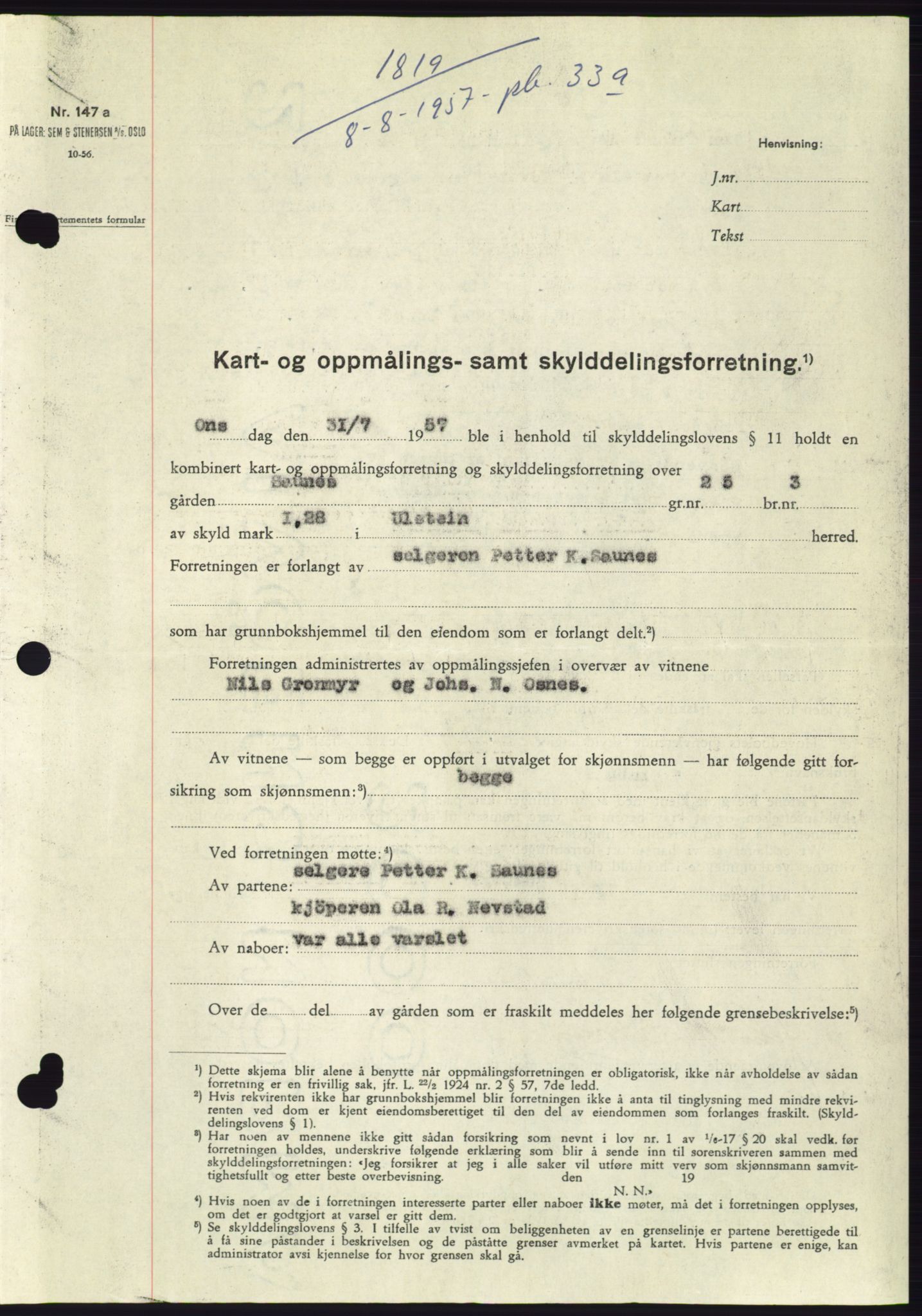 Søre Sunnmøre sorenskriveri, SAT/A-4122/1/2/2C/L0107: Pantebok nr. 33A, 1957-1957, Dagboknr: 1819/1957