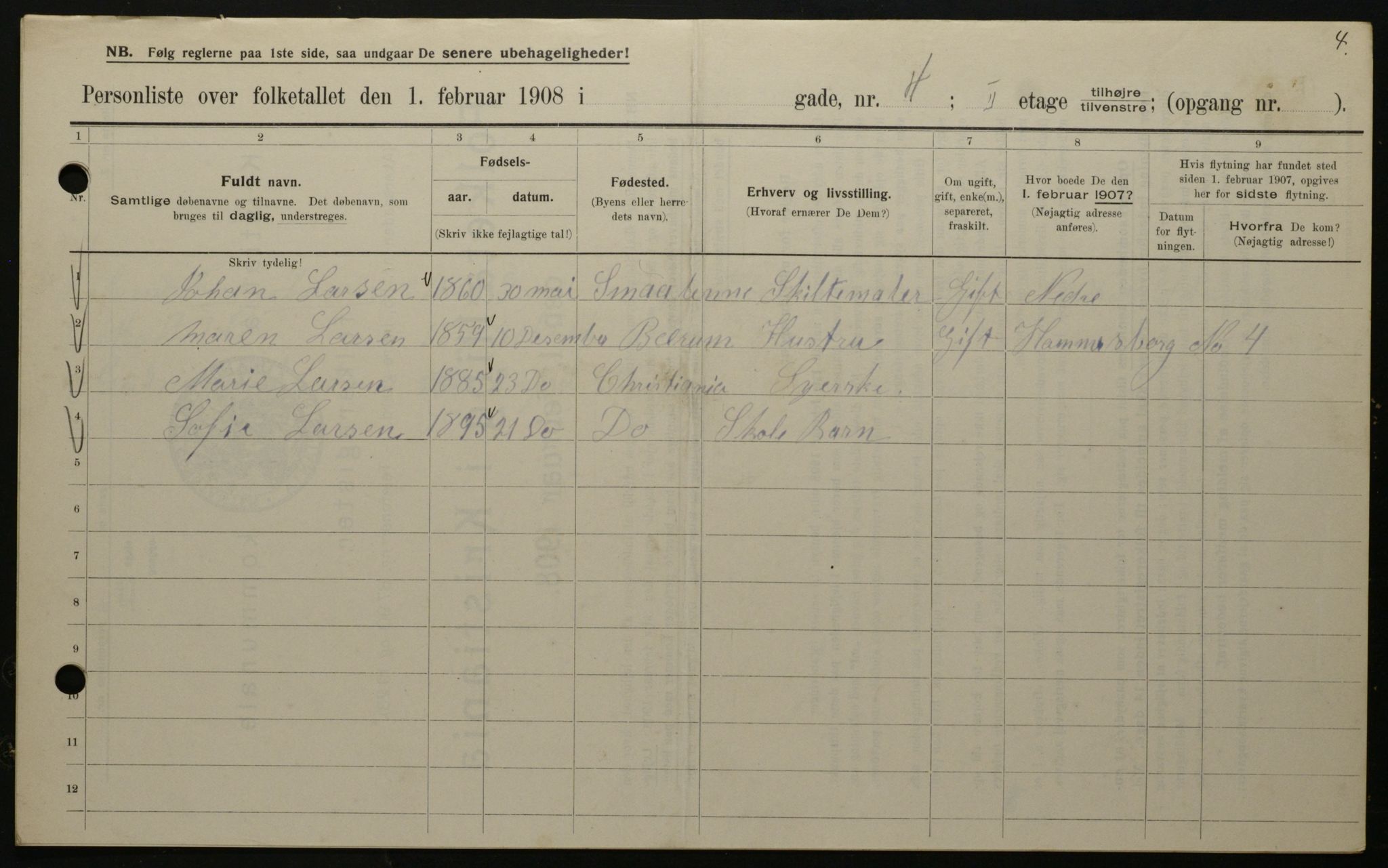 OBA, Kommunal folketelling 1.2.1908 for Kristiania kjøpstad, 1908, s. 62036