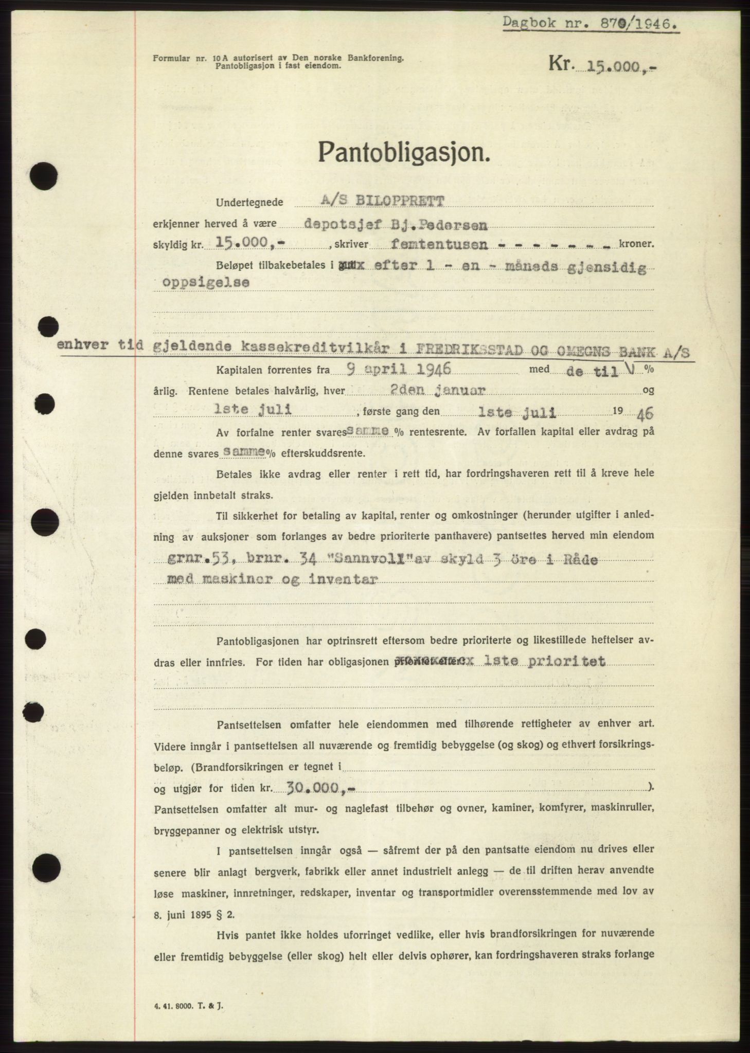 Moss sorenskriveri, SAO/A-10168: Pantebok nr. B15, 1946-1946, Dagboknr: 870/1946
