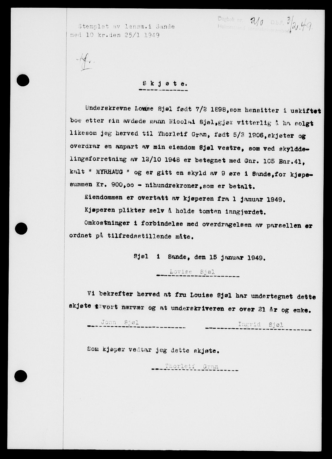 Holmestrand sorenskriveri, SAKO/A-67/G/Ga/Gaa/L0065: Pantebok nr. A-65, 1948-1949, Dagboknr: 210/1949