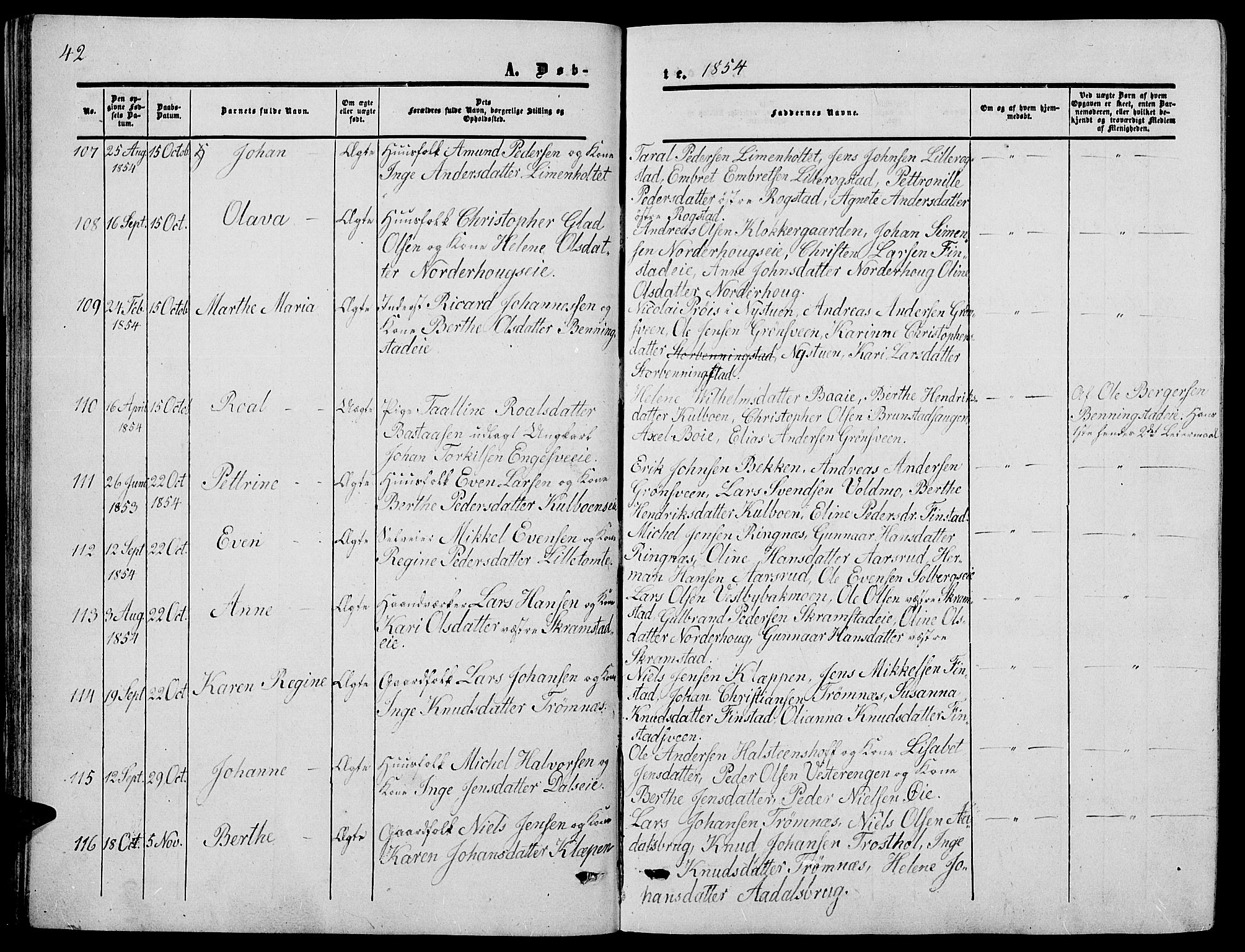 Løten prestekontor, AV/SAH-PREST-022/L/La/L0003: Klokkerbok nr. 3, 1850-1862, s. 42