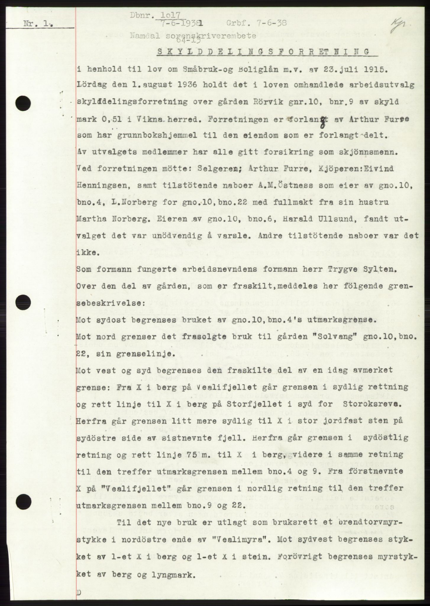 Namdal sorenskriveri, SAT/A-4133/1/2/2C: Pantebok nr. -, 1937-1939, Tingl.dato: 07.06.1938