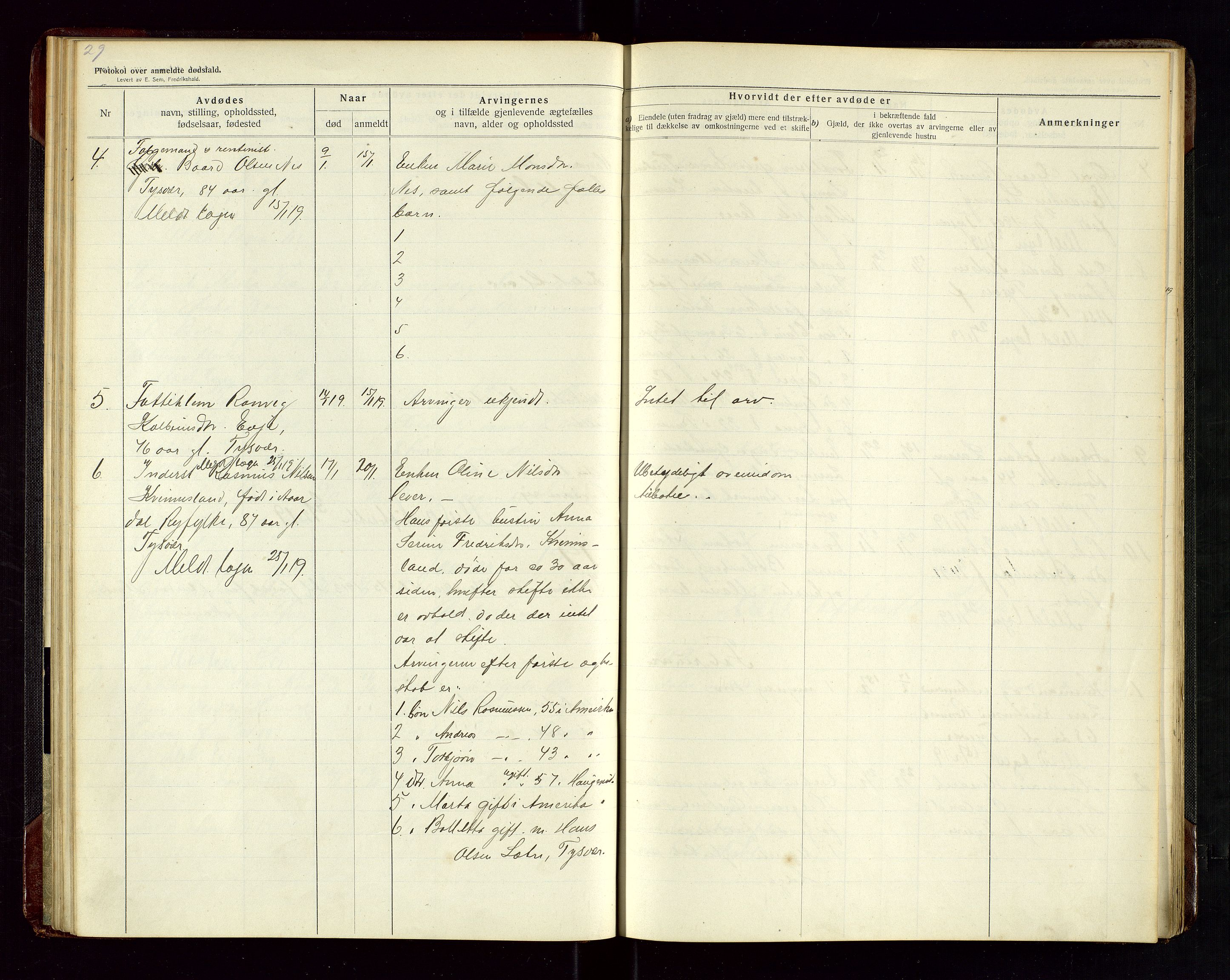 Tysvær lensmannskontor, AV/SAST-A-100192/Gga/L0003: "Protokol over anmeldte dødsfald i Tysvær" med register, 1916-1926, s. 29