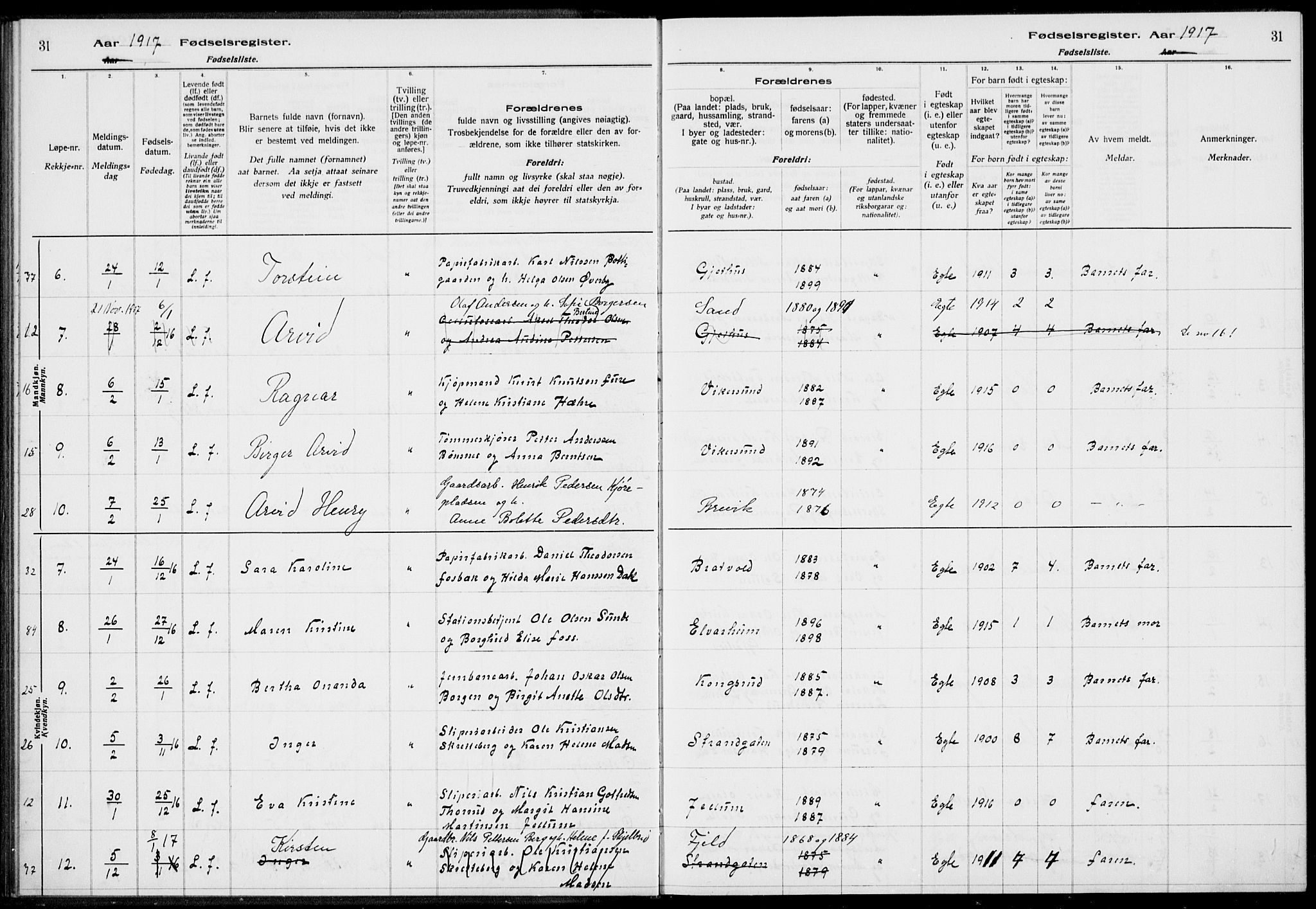 Modum kirkebøker, AV/SAKO-A-234/J/Ja/L0001: Fødselsregister nr. I 1, 1916-1923, s. 31