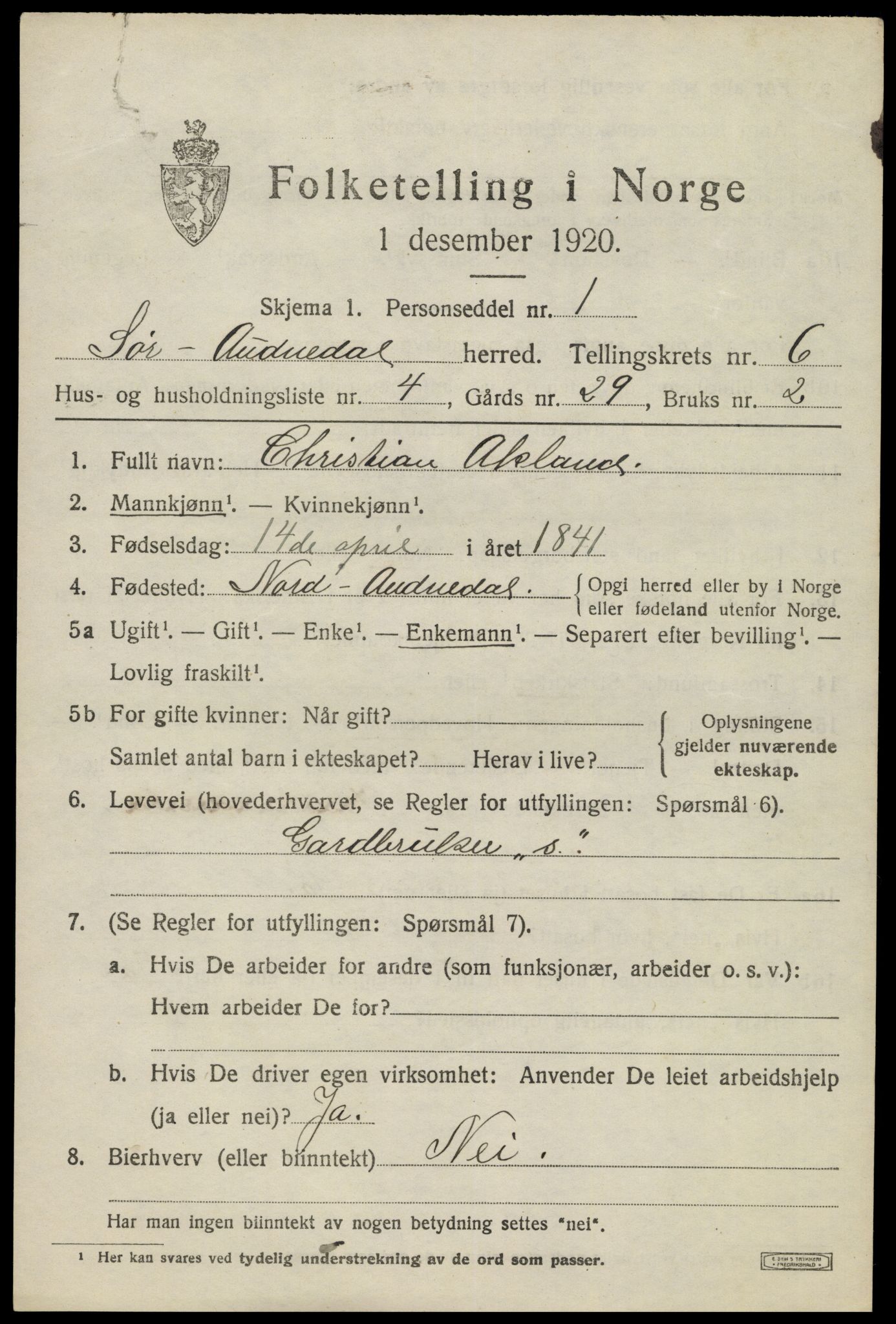 SAK, Folketelling 1920 for 1029 Sør-Audnedal herred, 1920, s. 2727