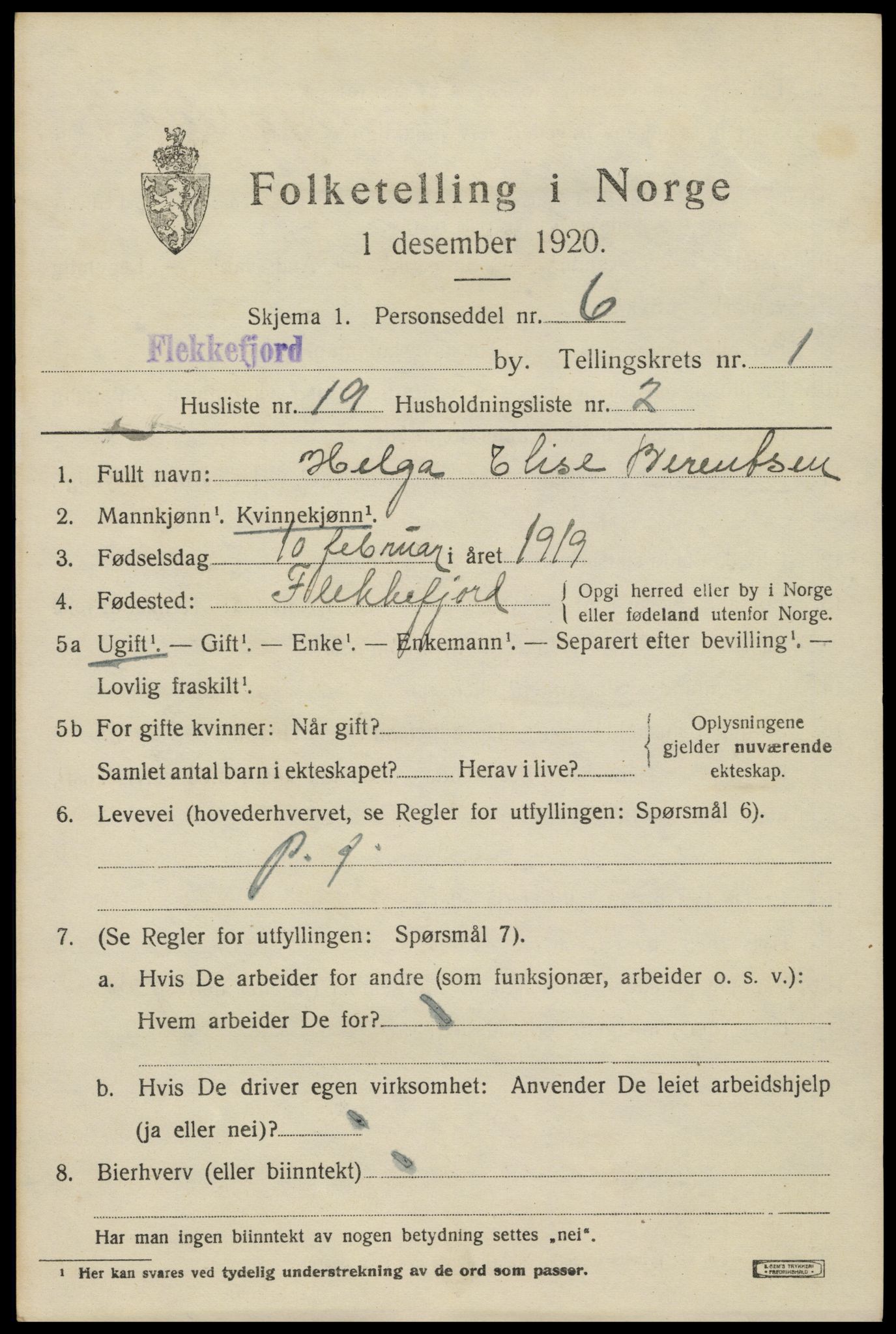 SAK, Folketelling 1920 for 1004 Flekkefjord kjøpstad, 1920, s. 2078