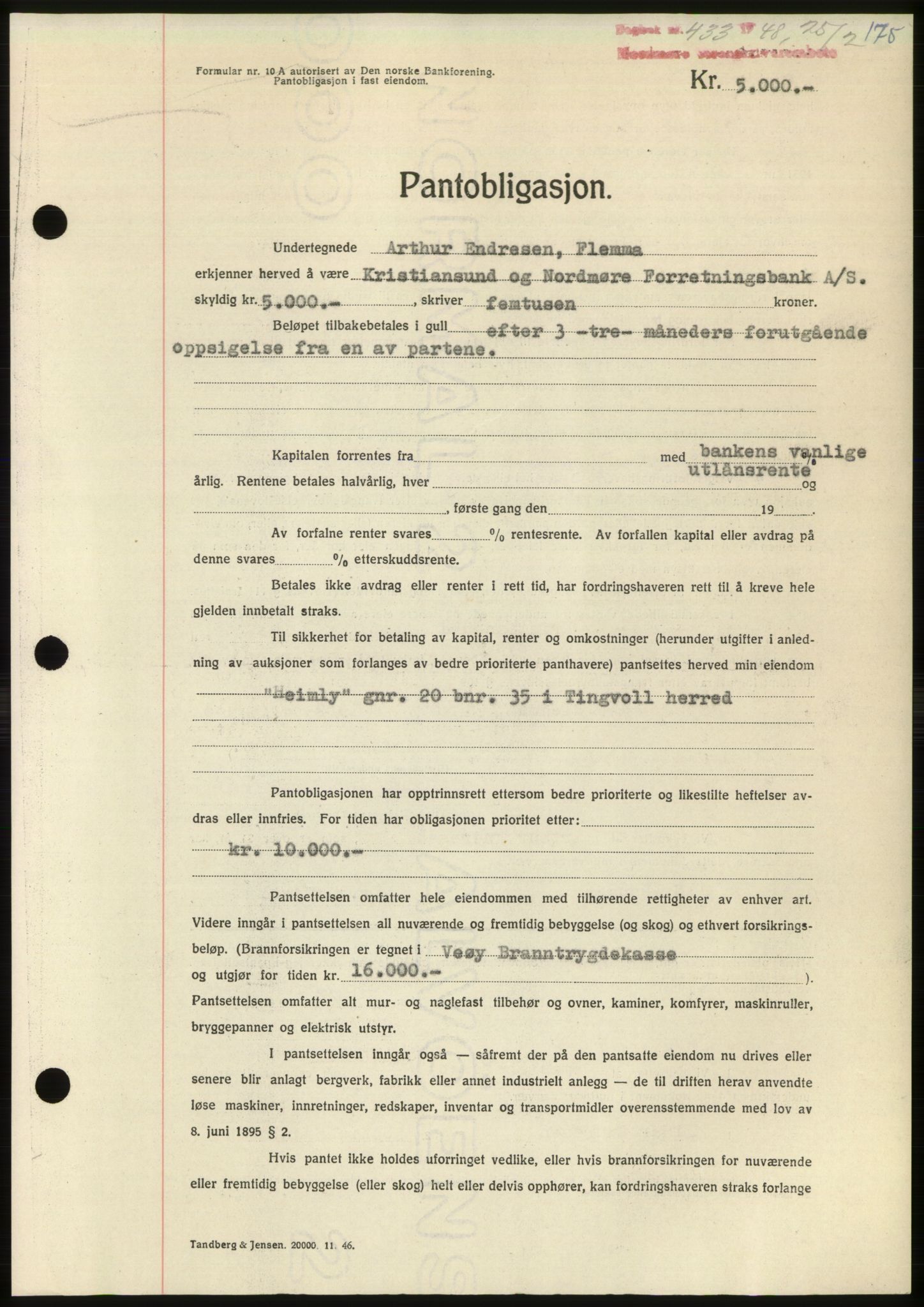 Nordmøre sorenskriveri, SAT/A-4132/1/2/2Ca: Pantebok nr. B98, 1948-1948, Dagboknr: 433/1948