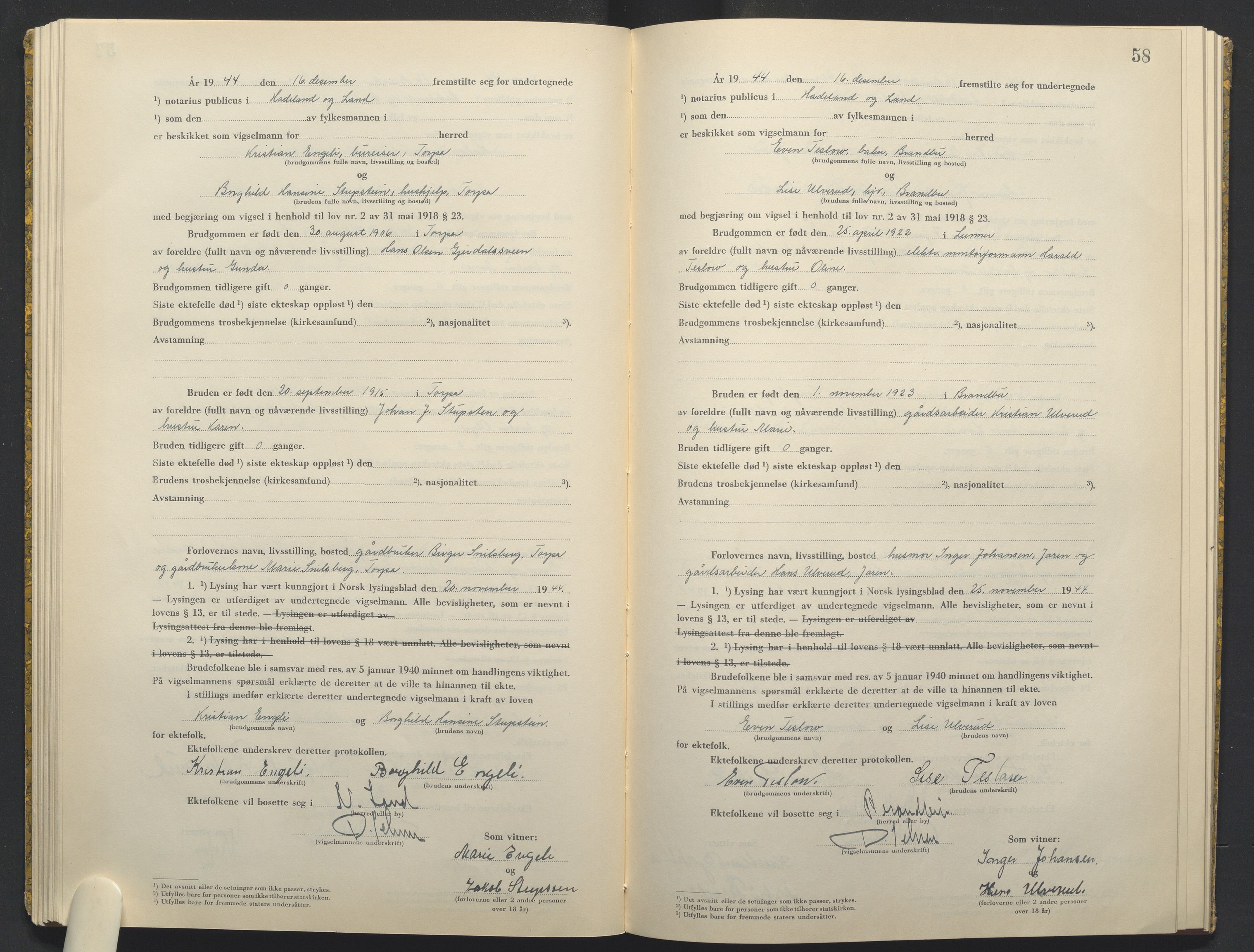 Hadeland og Land tingrett, AV/SAH-TING-010/L/Lb/L0003: Vigselbok, 1944-1946, s. 58