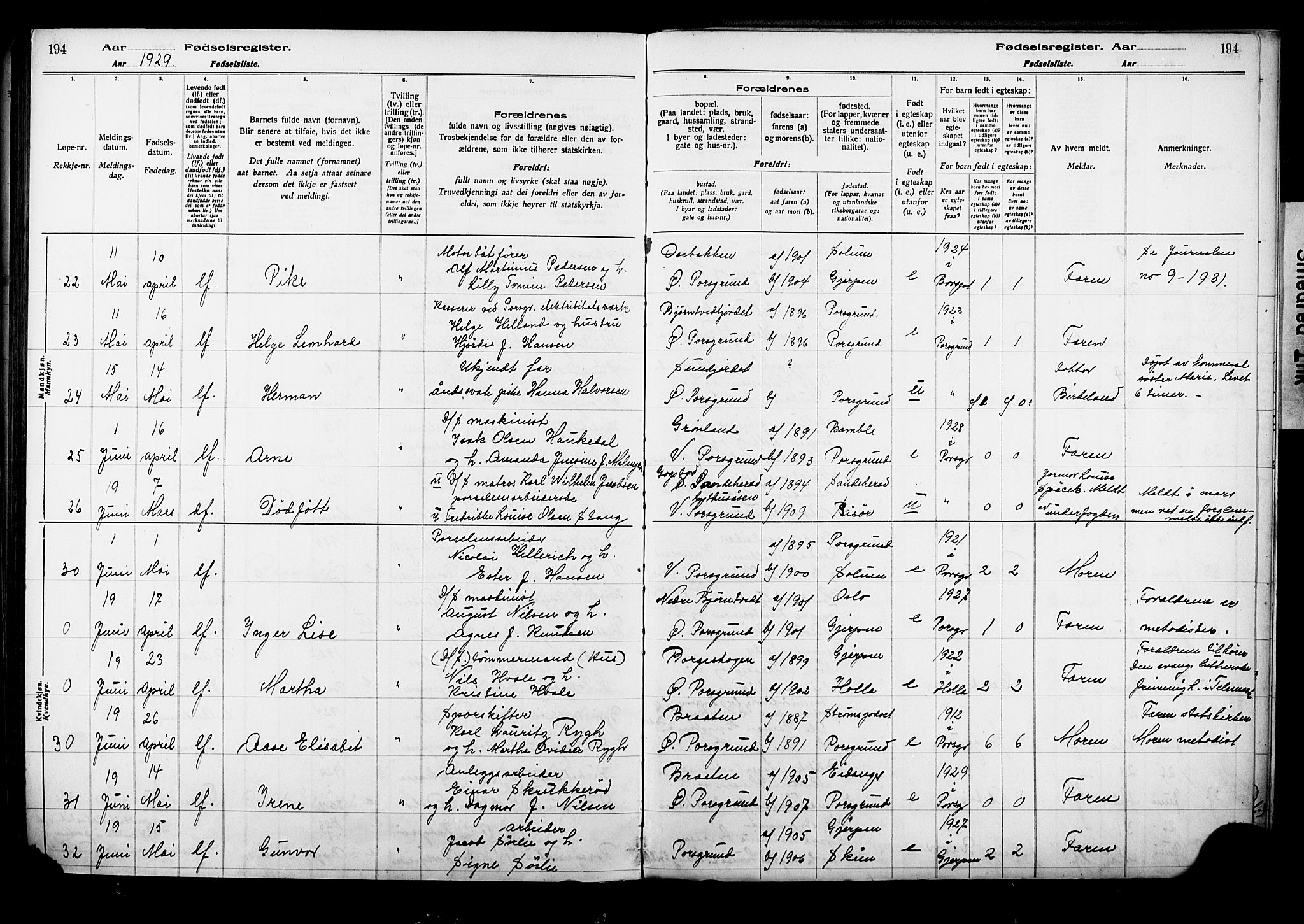 Porsgrunn kirkebøker , AV/SAKO-A-104/J/Ja/L0001: Fødselsregister nr. 1, 1916-1929, s. 194