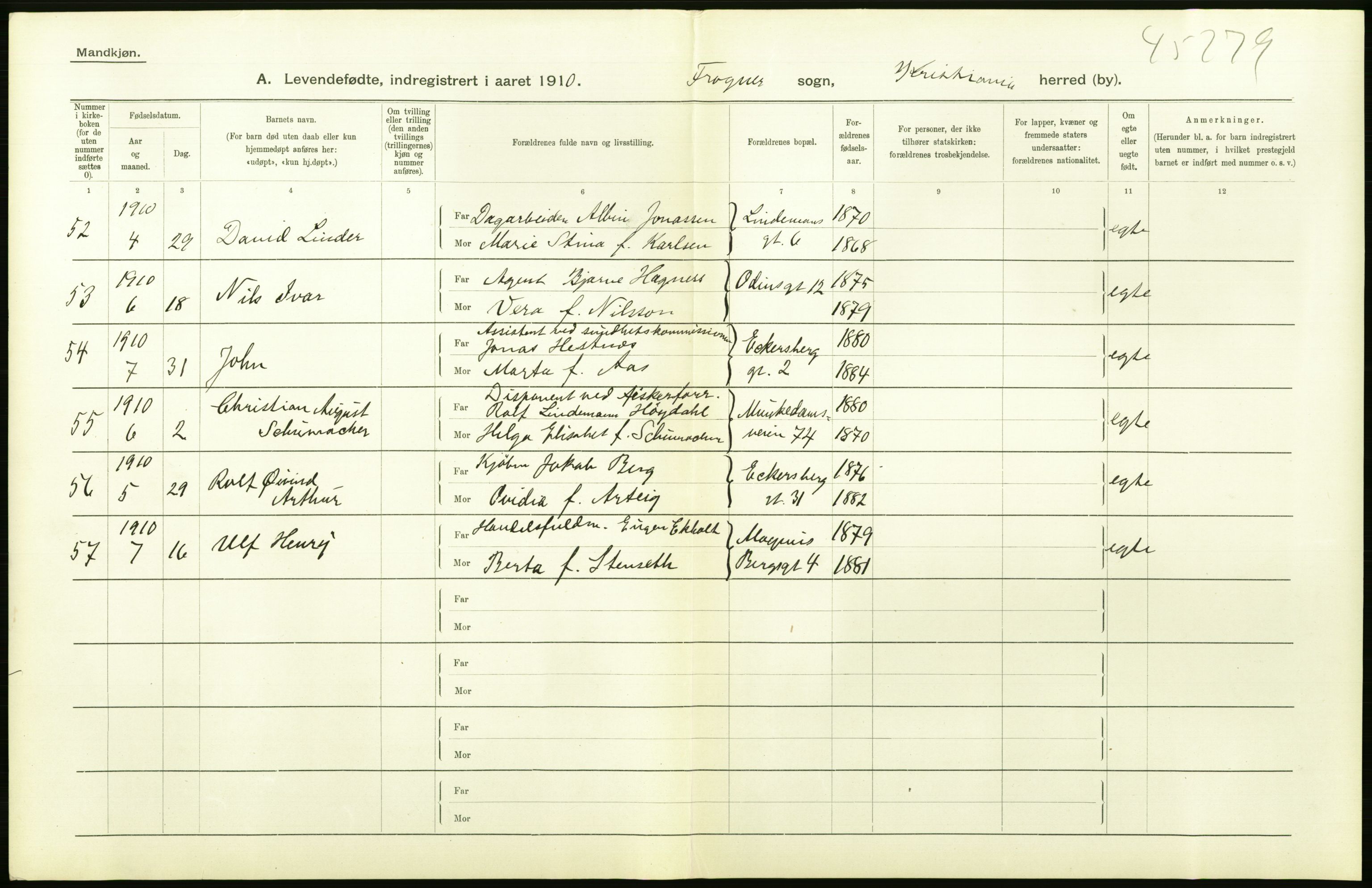 Statistisk sentralbyrå, Sosiodemografiske emner, Befolkning, RA/S-2228/D/Df/Dfa/Dfah/L0006: Kristiania: Levendefødte menn., 1910, s. 594