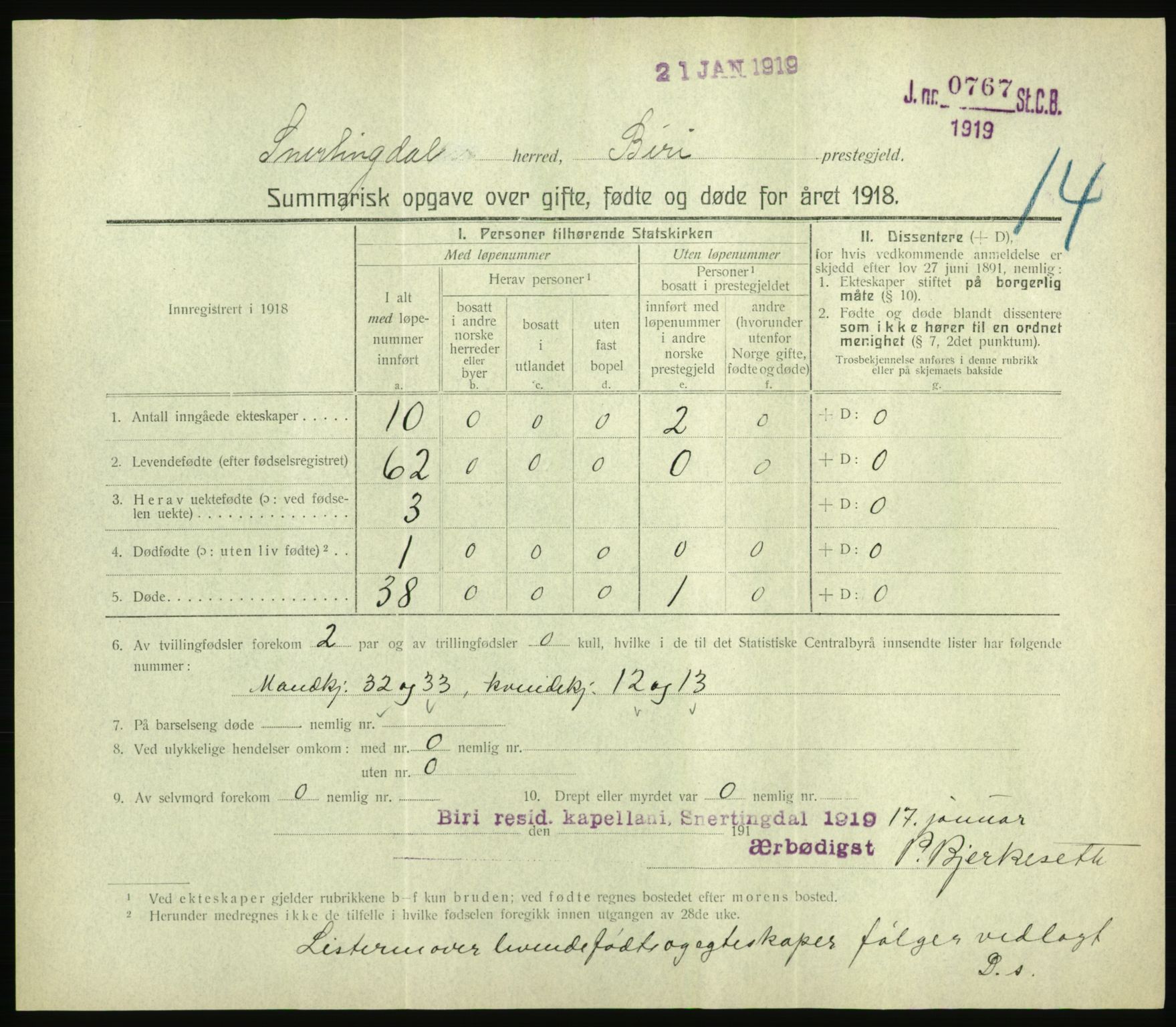 Statistisk sentralbyrå, Sosiodemografiske emner, Befolkning, RA/S-2228/D/Df/Dfb/Dfbh/L0059: Summariske oppgaver over gifte, fødte og døde for hele landet., 1918, s. 341