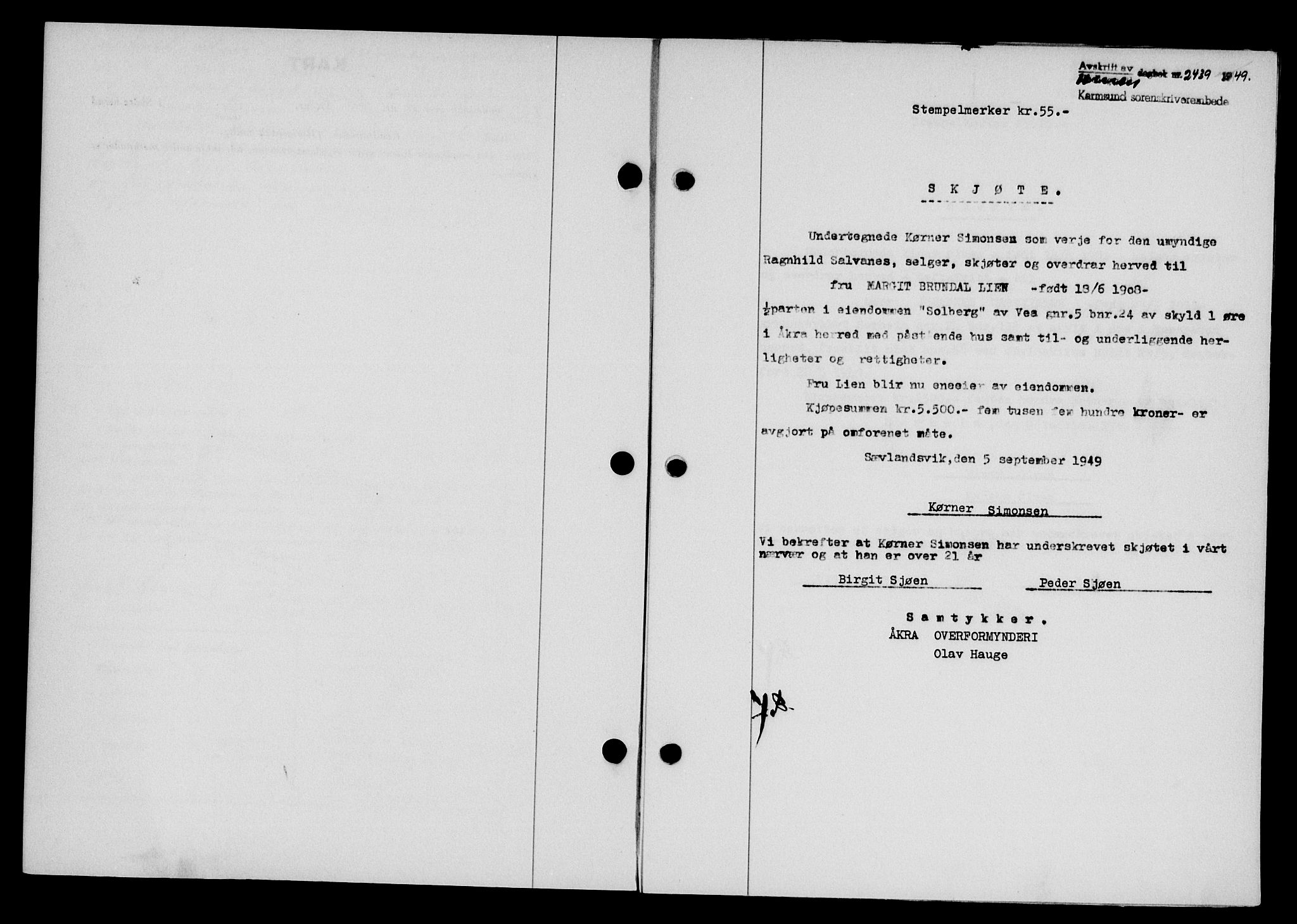 Karmsund sorenskriveri, SAST/A-100311/01/II/IIB/L0097: Pantebok nr. 77A, 1949-1949, Dagboknr: 2439/1949