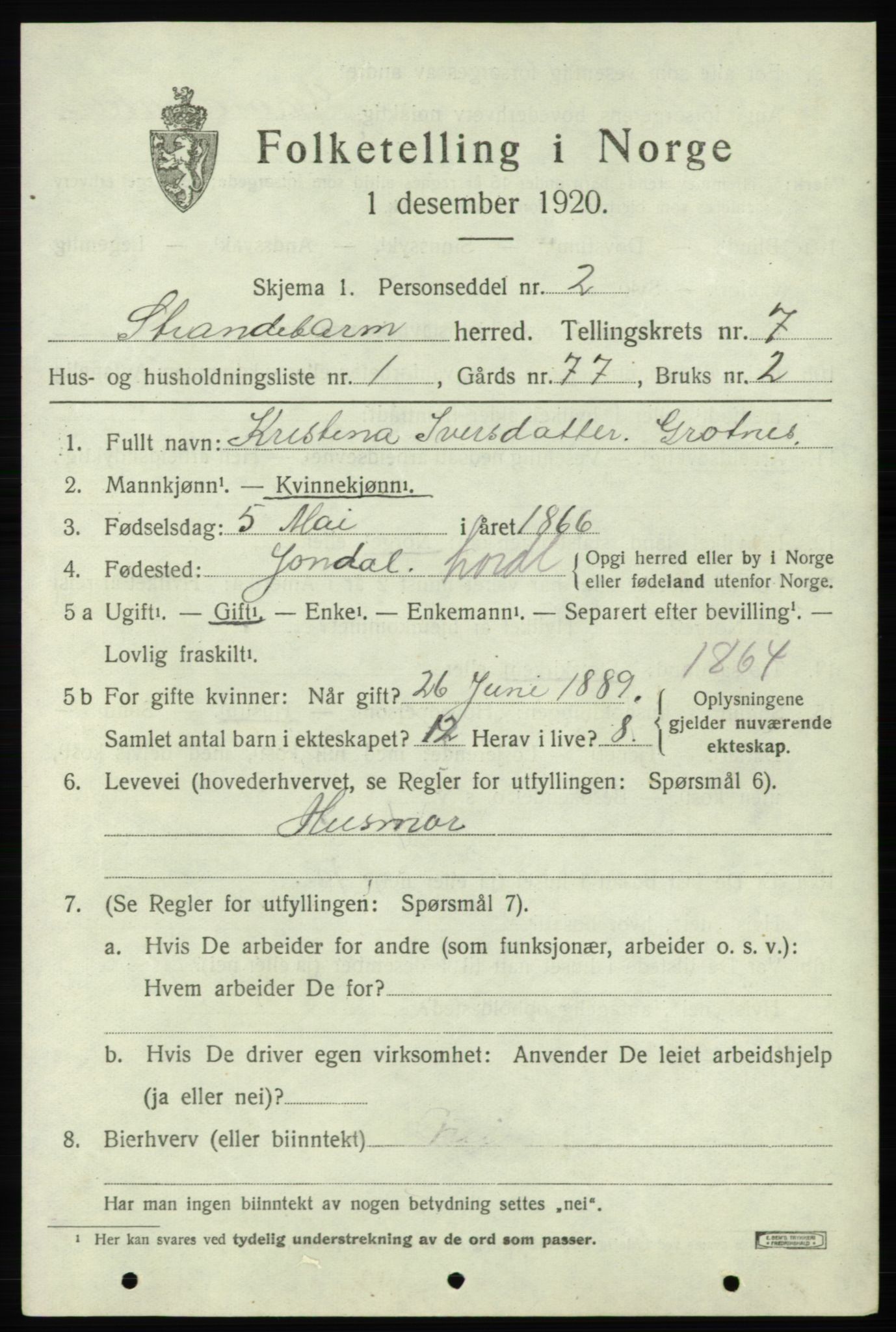 SAB, Folketelling 1920 for 1226 Strandebarm herred, 1920, s. 4380