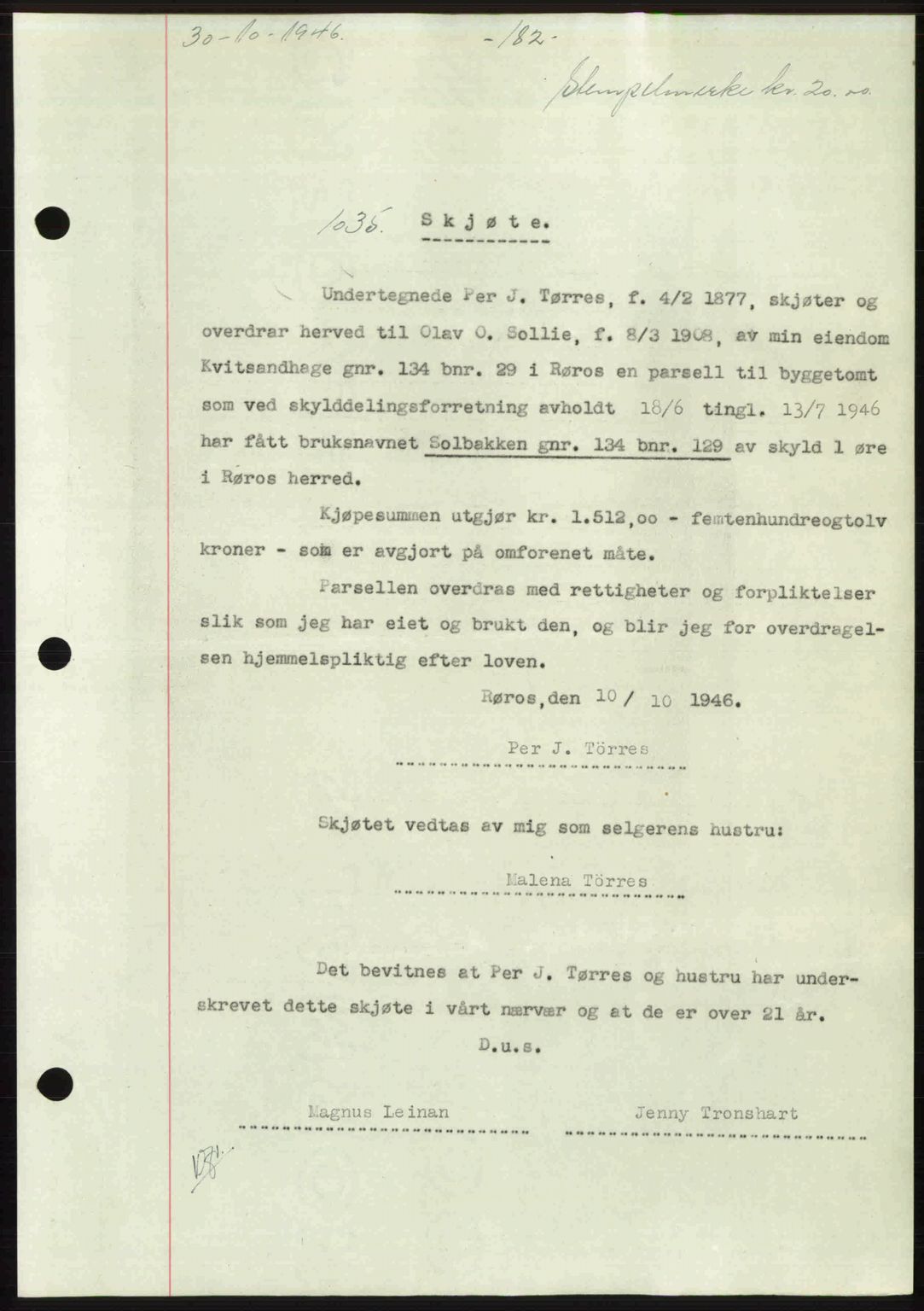 Gauldal sorenskriveri, SAT/A-0014/1/2/2C: Pantebok nr. A2, 1946-1946, Dagboknr: 1035/1946