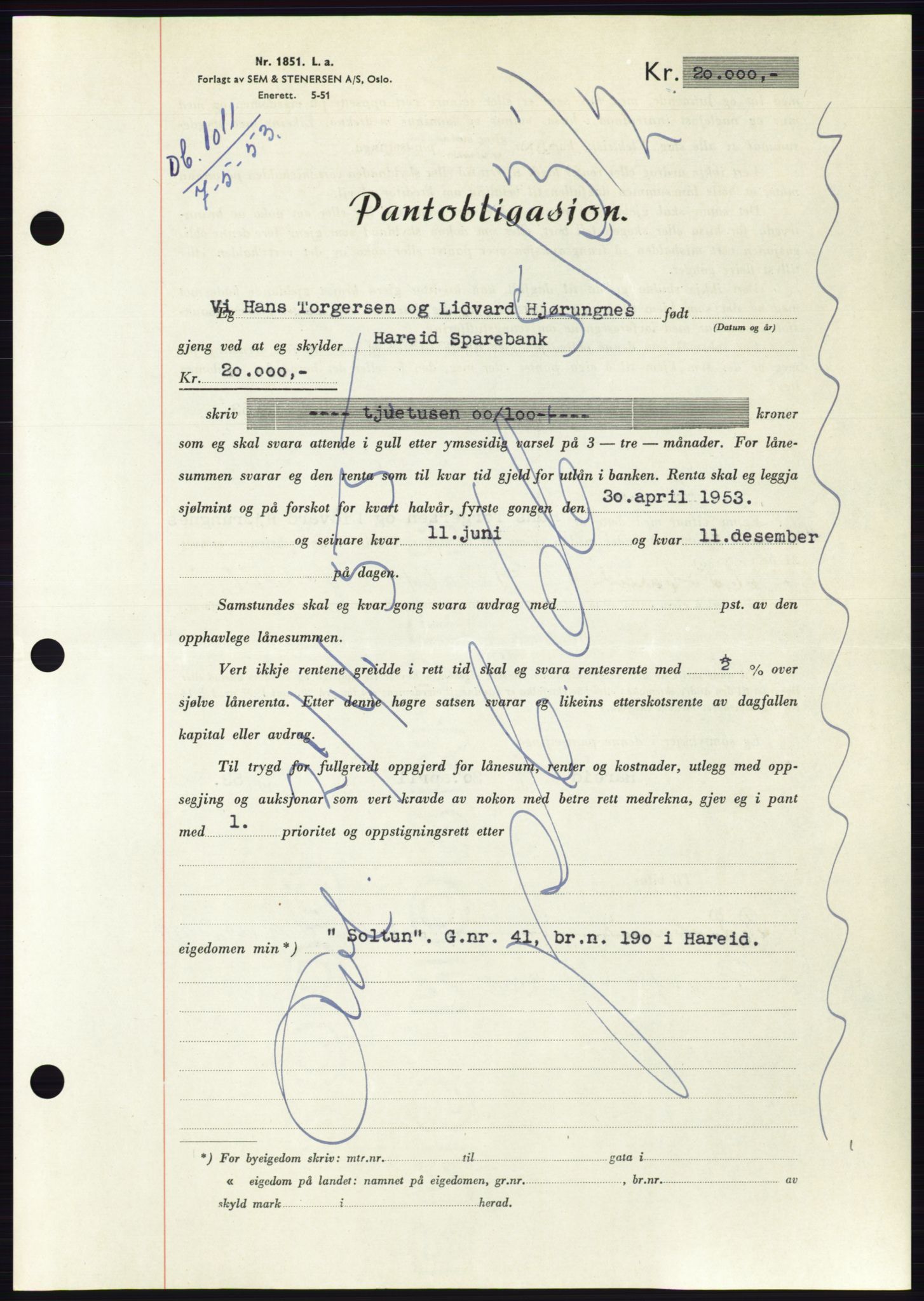 Søre Sunnmøre sorenskriveri, AV/SAT-A-4122/1/2/2C/L0123: Pantebok nr. 11B, 1953-1953, Dagboknr: 1011/1953