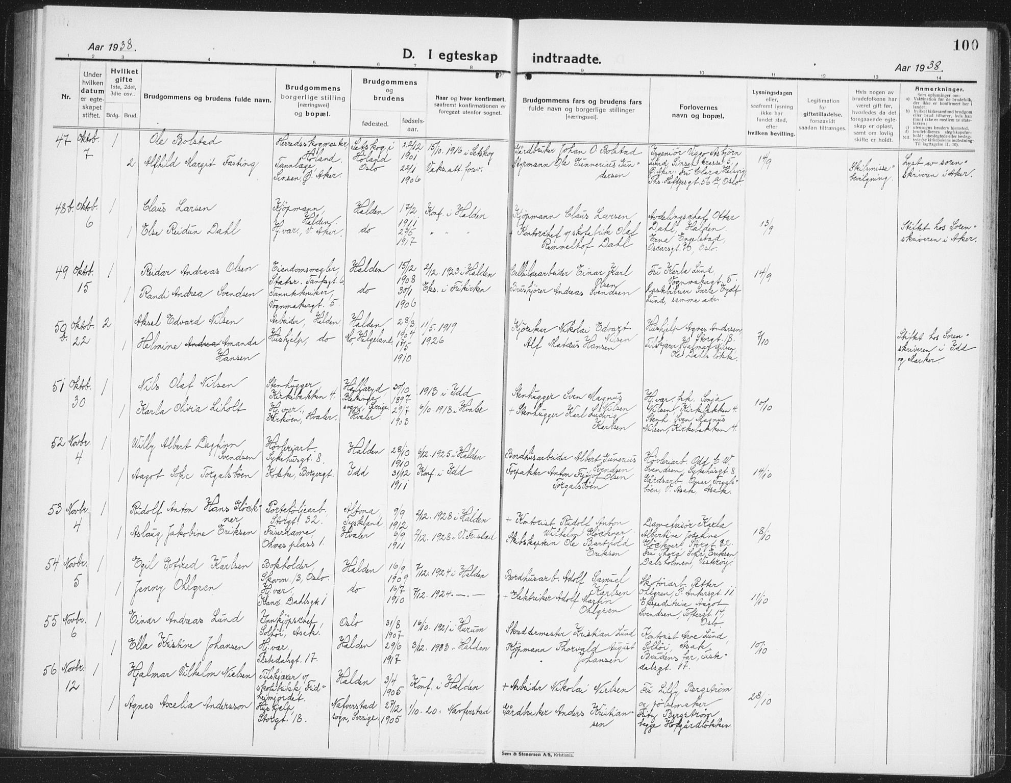 Halden prestekontor Kirkebøker, AV/SAO-A-10909/G/Ga/L0014: Klokkerbok nr. 14, 1925-1943, s. 100