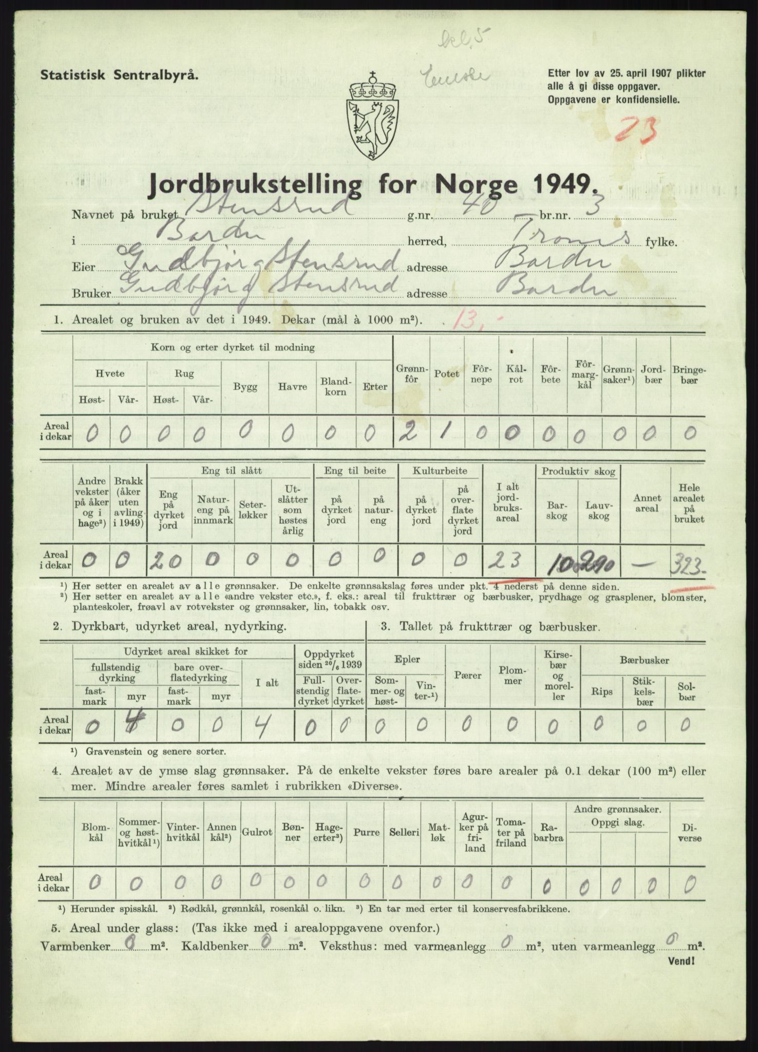 Statistisk sentralbyrå, Næringsøkonomiske emner, Jordbruk, skogbruk, jakt, fiske og fangst, AV/RA-S-2234/G/Gc/L0438: Troms: Salangen og Bardu, 1949, s. 1039
