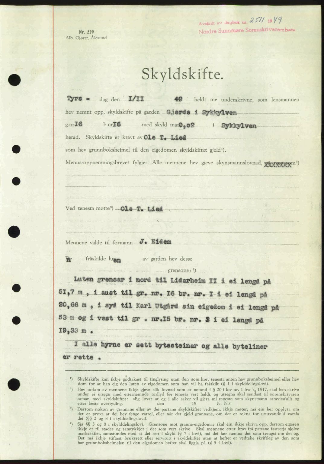 Nordre Sunnmøre sorenskriveri, AV/SAT-A-0006/1/2/2C/2Ca: Pantebok nr. A32, 1949-1949, Dagboknr: 2511/1949