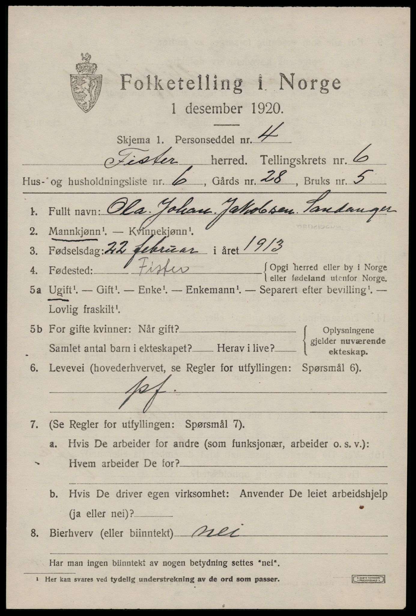 SAST, Folketelling 1920 for 1132 Fister herred, 1920, s. 1845