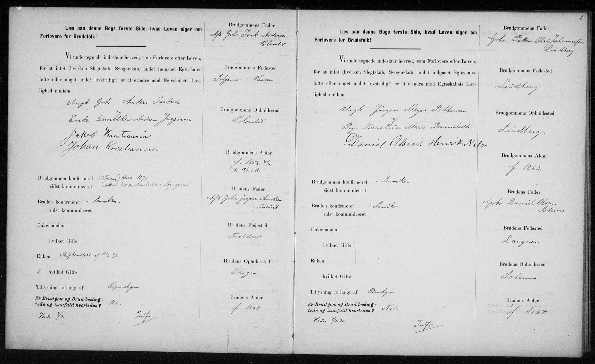 Lenvik sokneprestembete, SATØ/S-1310/I/Ie/L0129: Lysningsprotokoll nr. 129, 1890-1895, s. 3