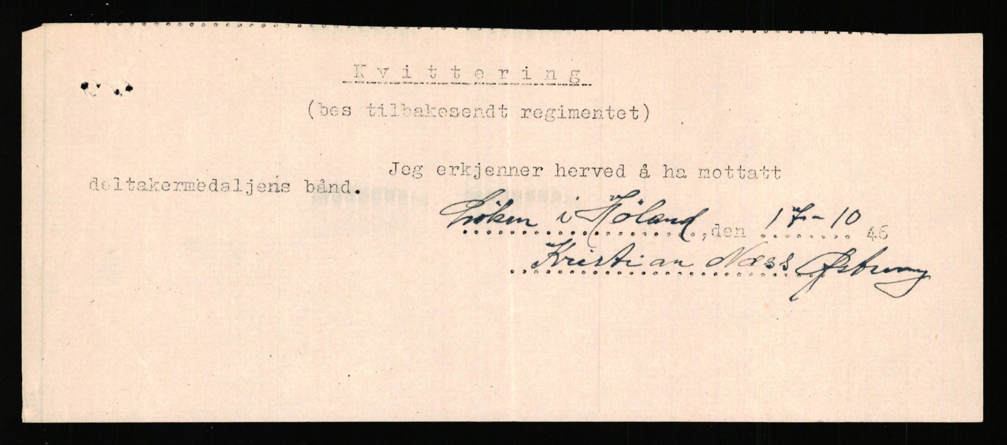 Forsvaret, Jegerkorpset - Akershus infantriregiment nr. 4, RA/RAFA-2947/D/Dd/L0056: DELTAKERMEDALJEN 2. VERDENSKRIG BOKS 4 N-Ø, 1945-1950, s. 144