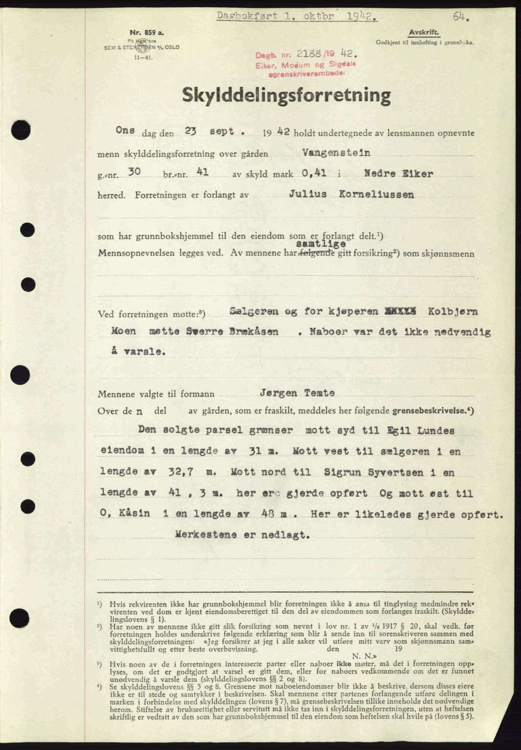 Eiker, Modum og Sigdal sorenskriveri, SAKO/A-123/G/Ga/Gab/L0047: Pantebok nr. A17, 1942-1943, Dagboknr: 2188/1942