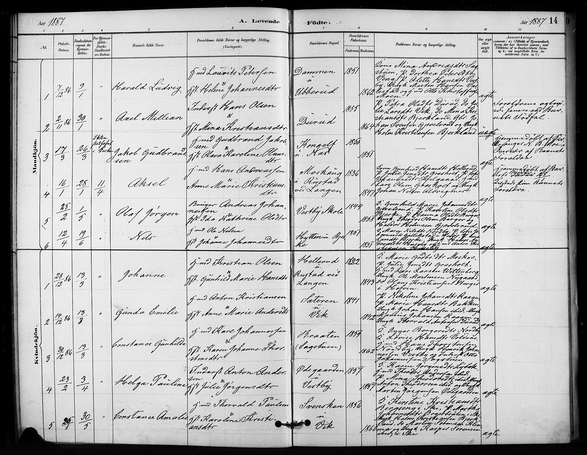 Enebakk prestekontor Kirkebøker, AV/SAO-A-10171c/F/Fb/L0001: Ministerialbok nr. II 1, 1877-1902, s. 14