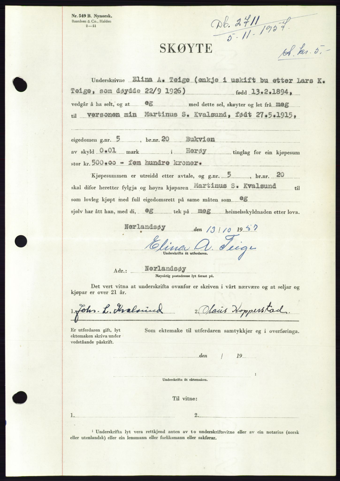 Søre Sunnmøre sorenskriveri, AV/SAT-A-4122/1/2/2C/L0108: Pantebok nr. 34A, 1957-1958, Dagboknr: 2711/1957
