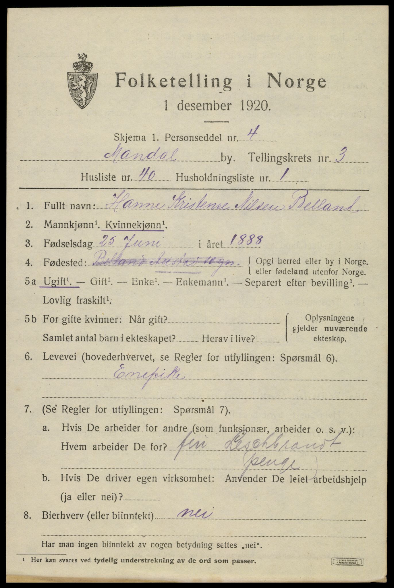 SAK, Folketelling 1920 for 1002 Mandal ladested, 1920, s. 5859