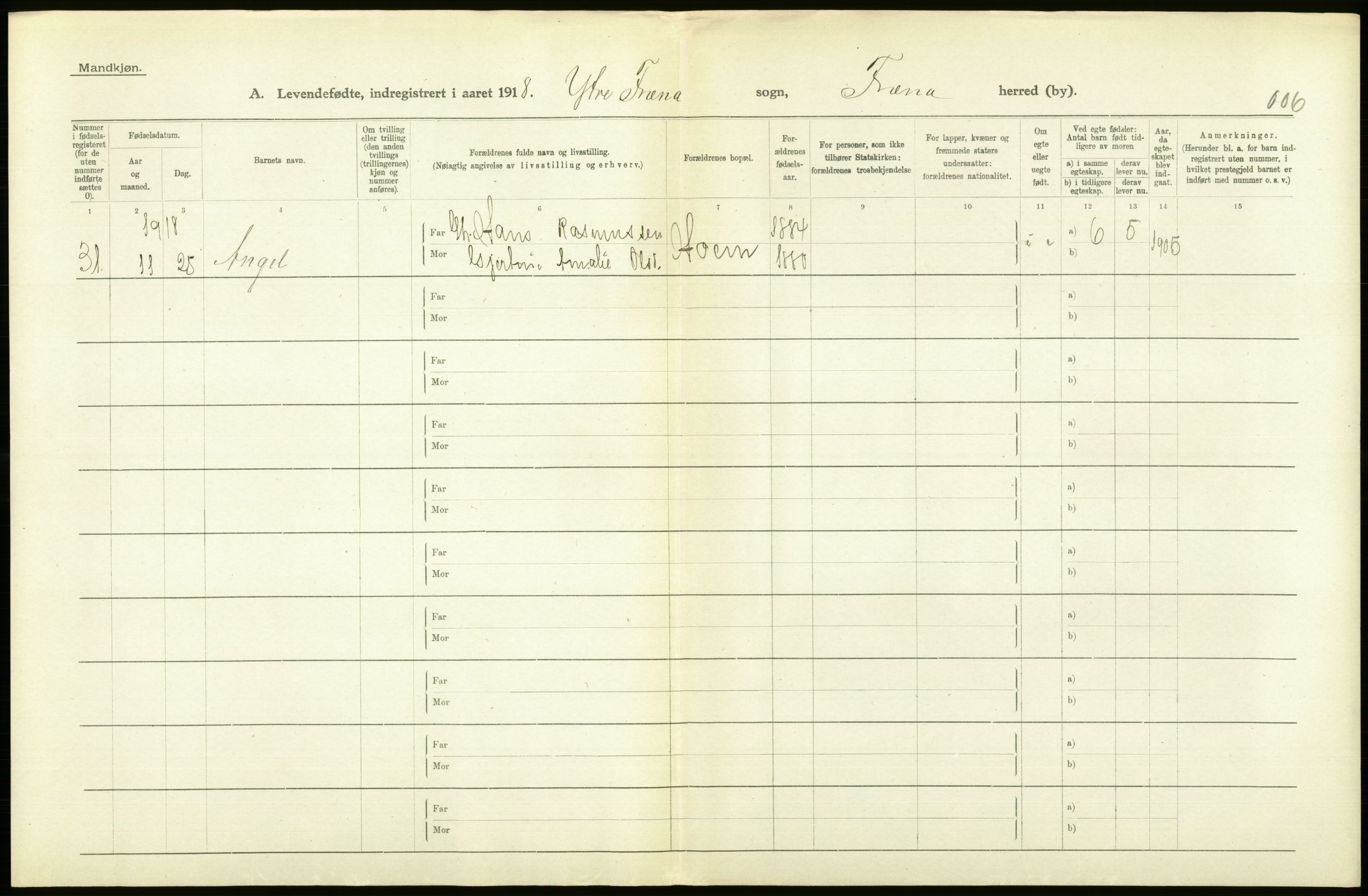 Statistisk sentralbyrå, Sosiodemografiske emner, Befolkning, RA/S-2228/D/Df/Dfb/Dfbh/L0043: Møre fylke: Levendefødte menn og kvinner. Bygder., 1918, s. 634