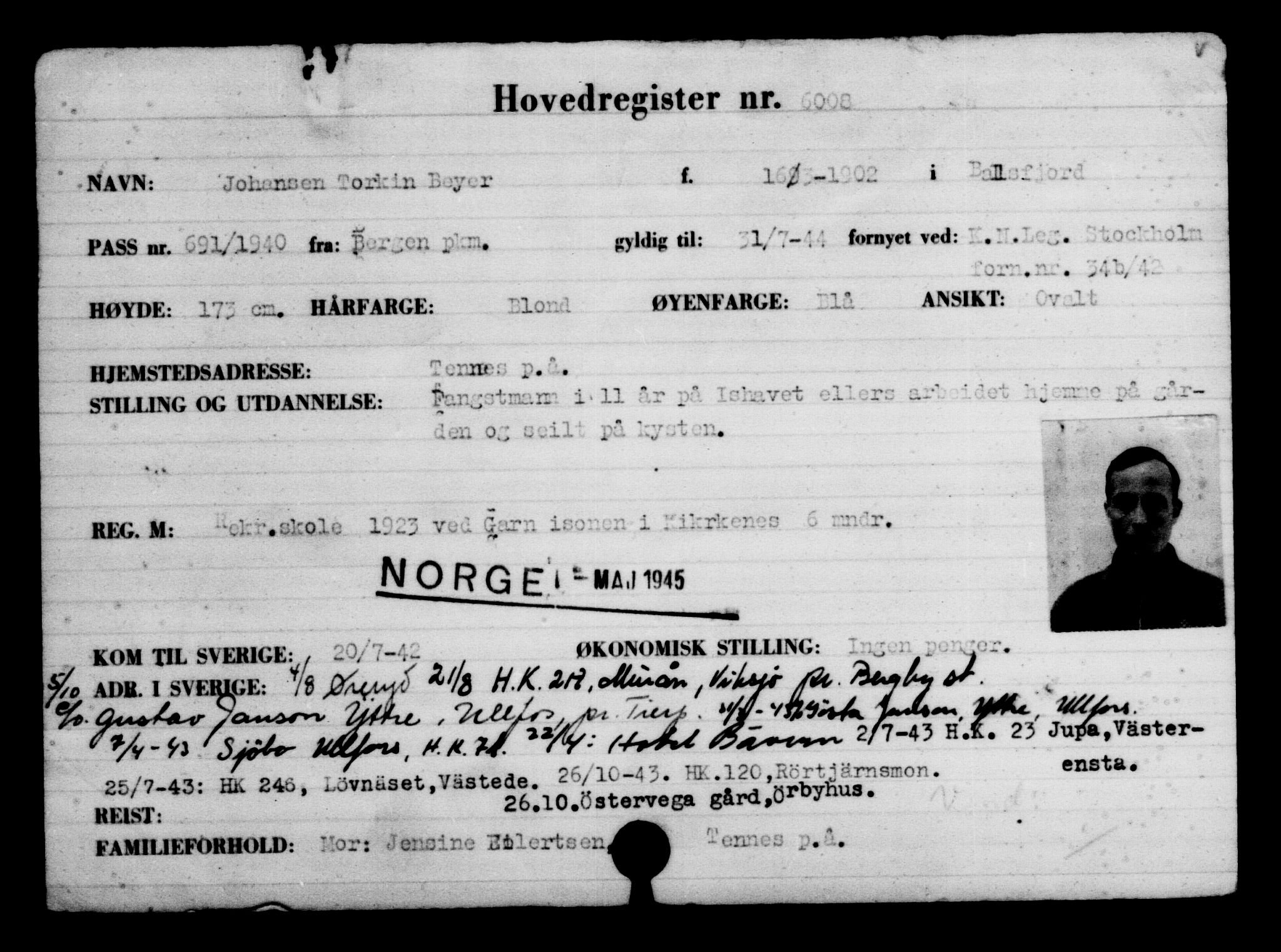 Utenriksstasjonene, Legasjonen i Stockholm, Flyktningkontoret, AV/RA-S-6753/V/Va/L0004: Kjesäterkartoteket, flyktninger med registreringsnr. 3496-6610, 1940-1945, s. 2938