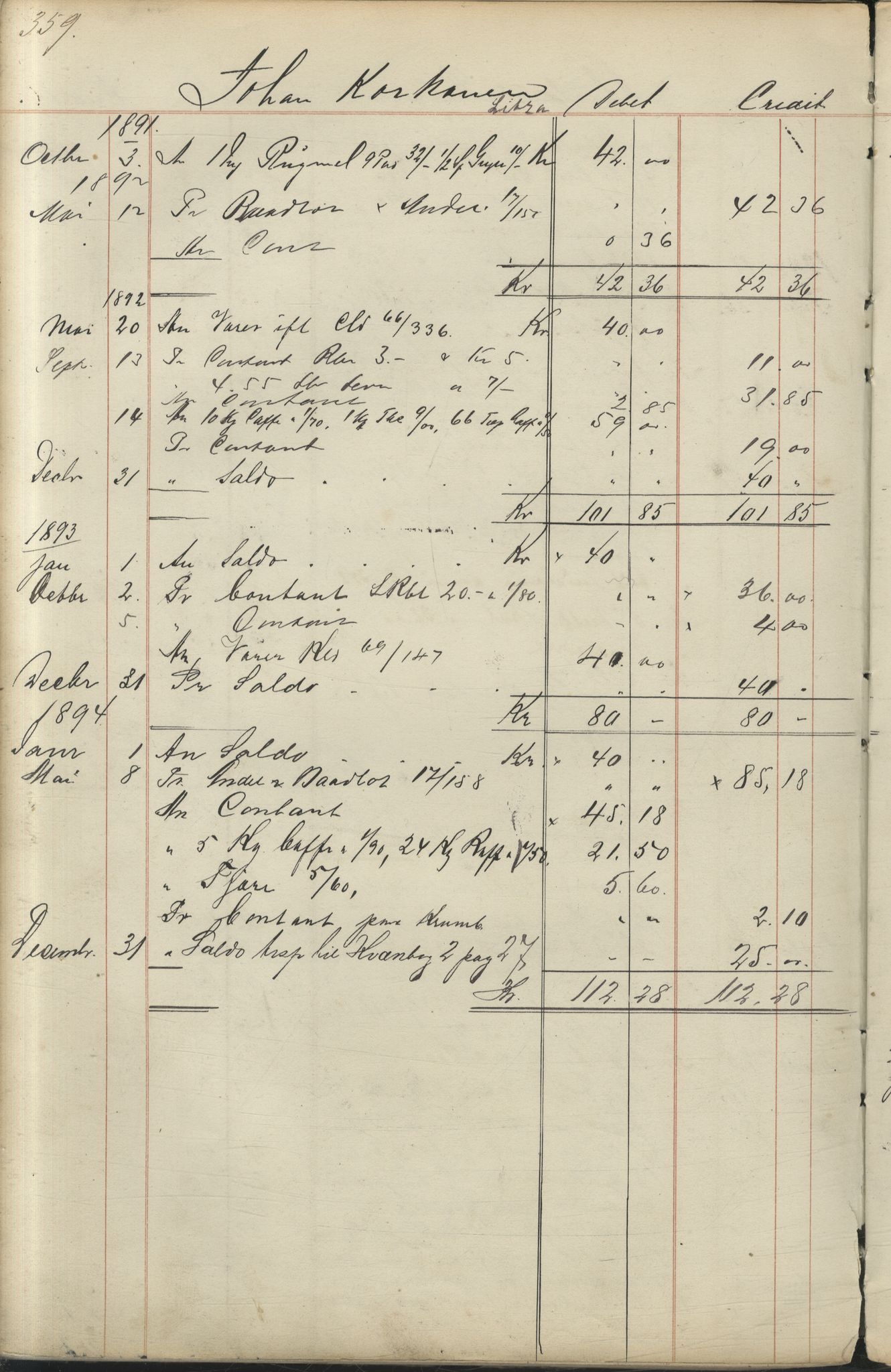 Brodtkorb handel A/S, VAMU/A-0001/F/Fc/L0001/0001: Konto for kvener og nordmenn på Kolahalvøya  / Conto for Kvæner og Nordmænd paa Russefinmarken No 1, 1868-1894, s. 359