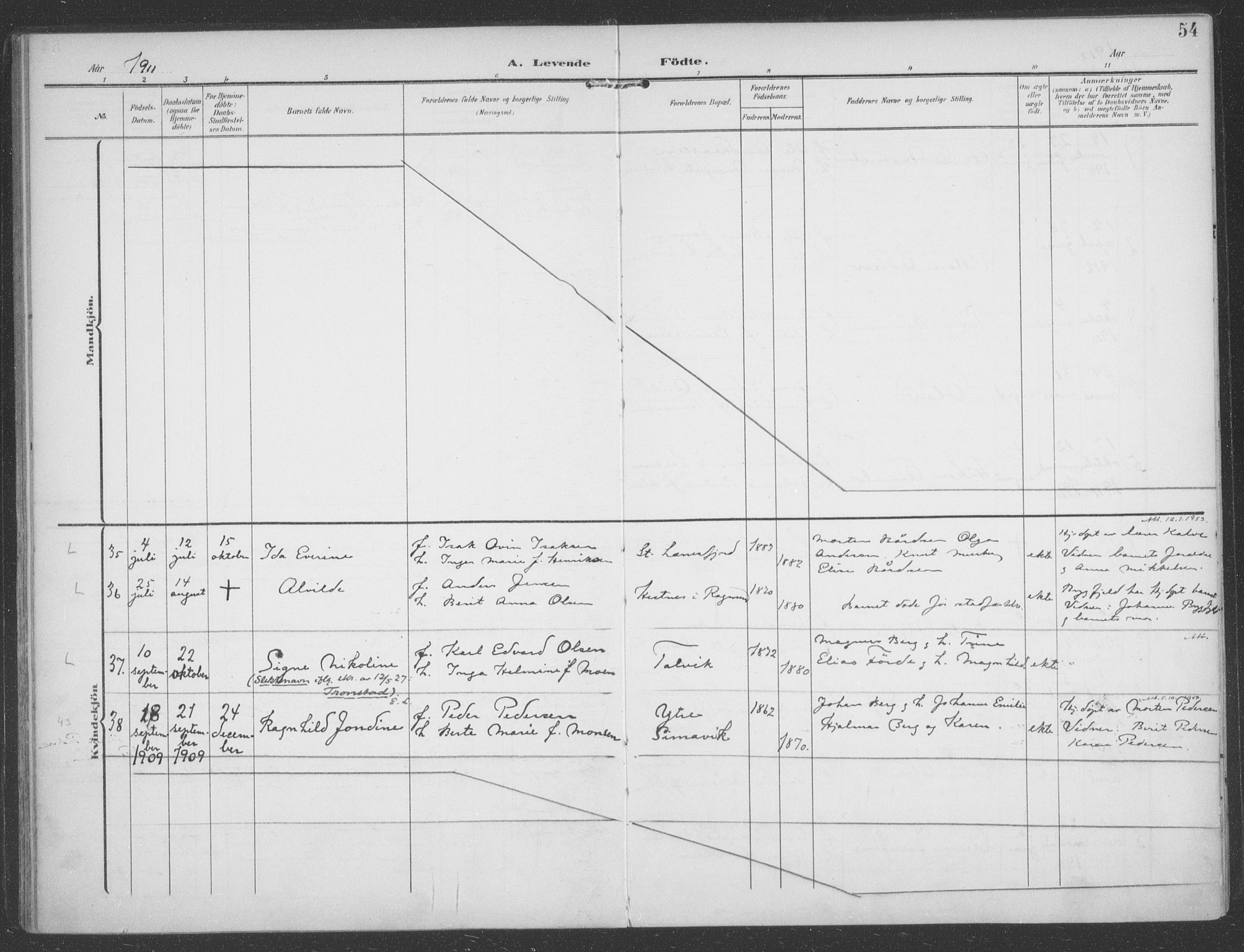 Talvik sokneprestkontor, AV/SATØ-S-1337/H/Ha/L0017kirke: Ministerialbok nr. 17, 1906-1915, s. 54