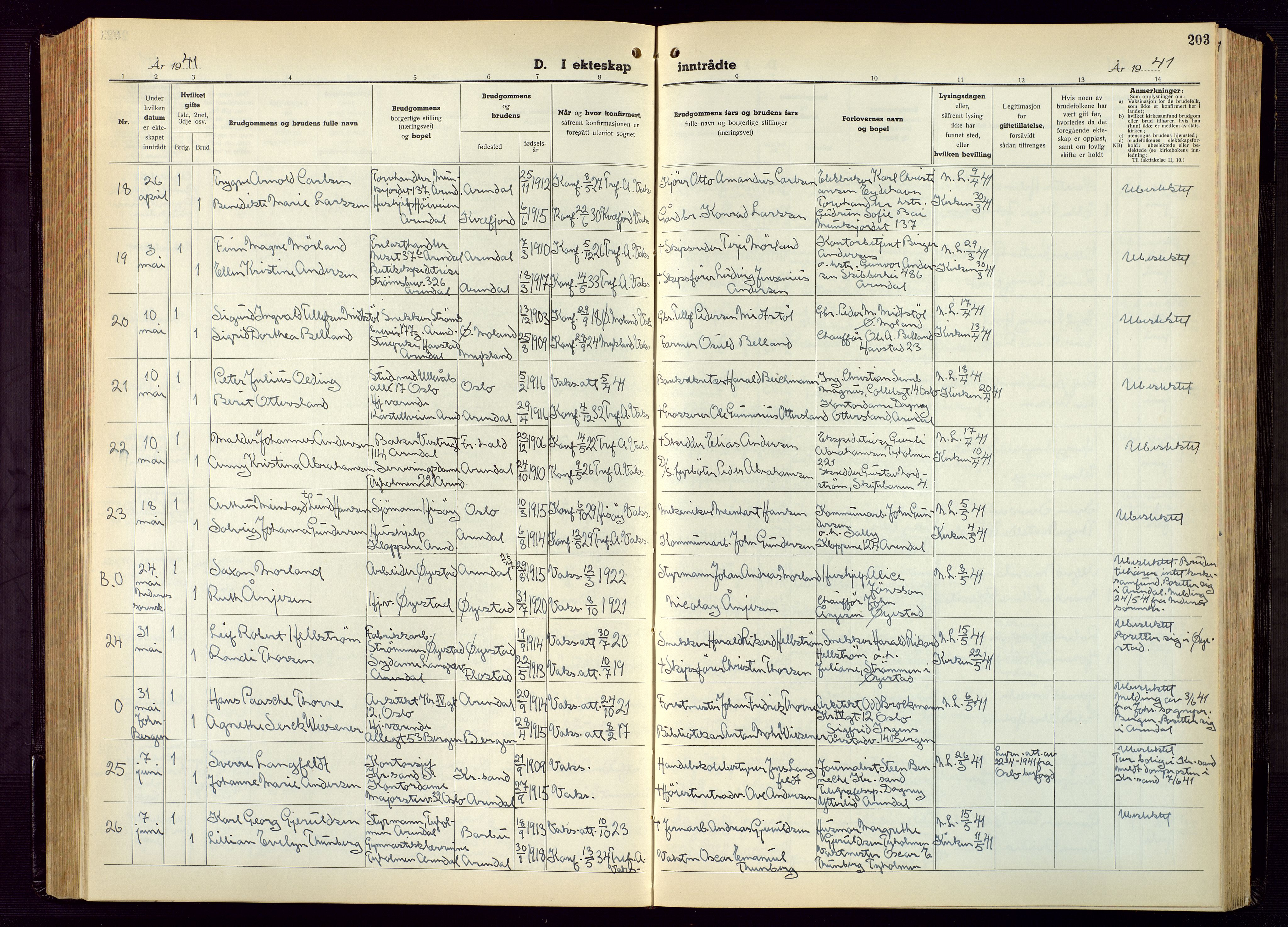 Arendal sokneprestkontor, Trefoldighet, AV/SAK-1111-0040/F/Fb/L0009: Klokkerbok nr. B 9, 1940-1949, s. 203