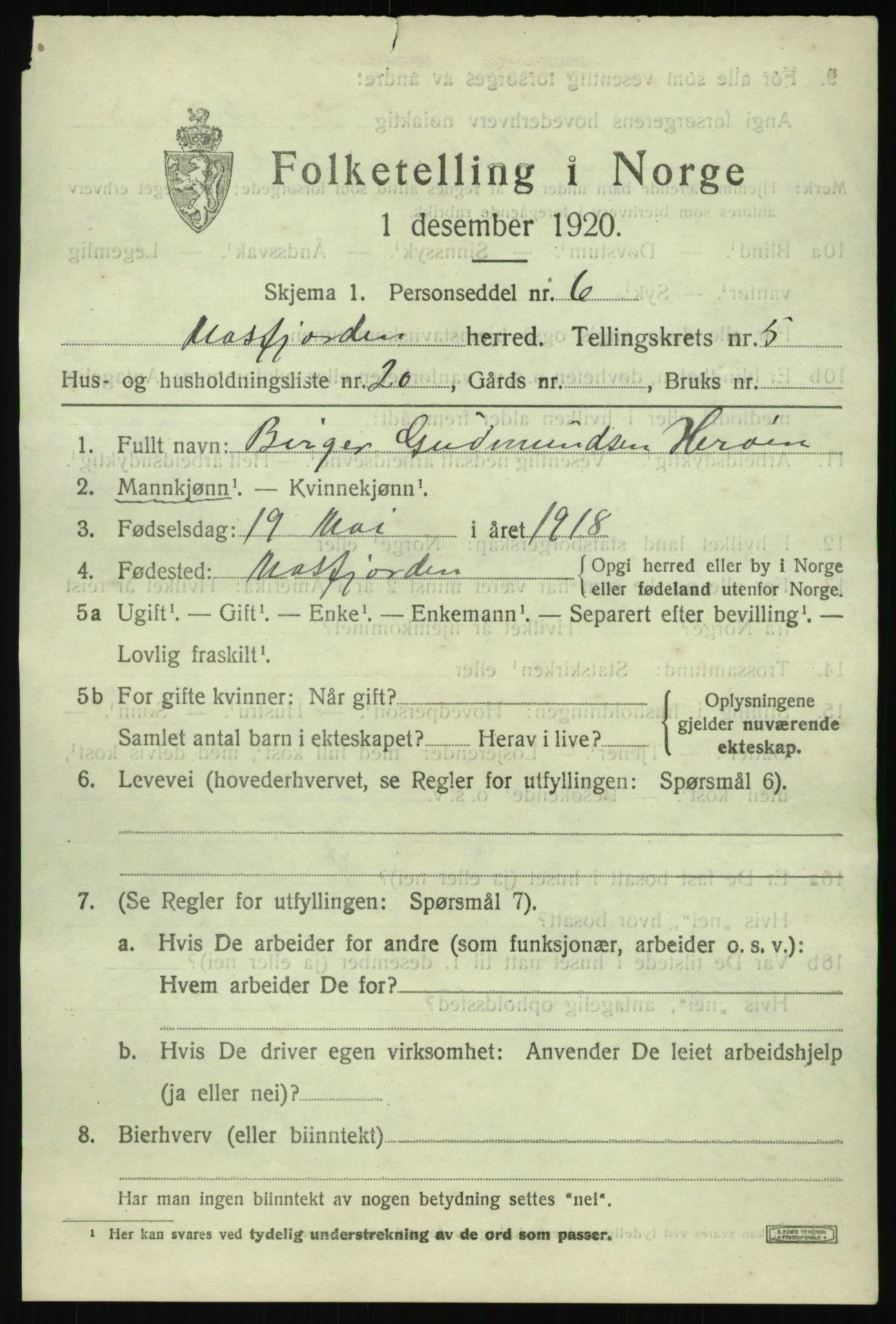SAB, Folketelling 1920 for 1266 Masfjorden herred, 1920, s. 2389