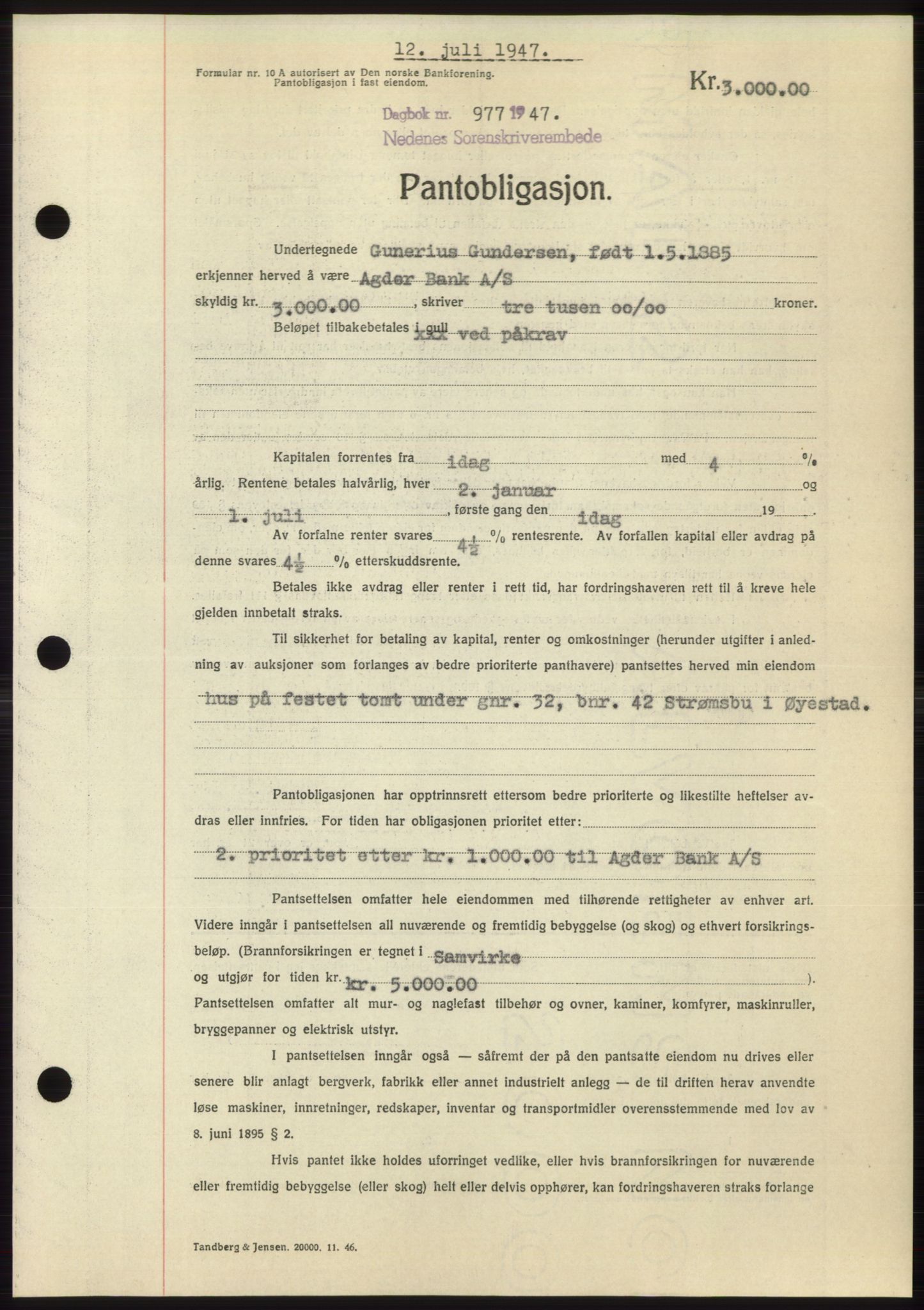 Nedenes sorenskriveri, SAK/1221-0006/G/Gb/Gbb/L0004: Pantebok nr. B4, 1947-1947, Dagboknr: 977/1947