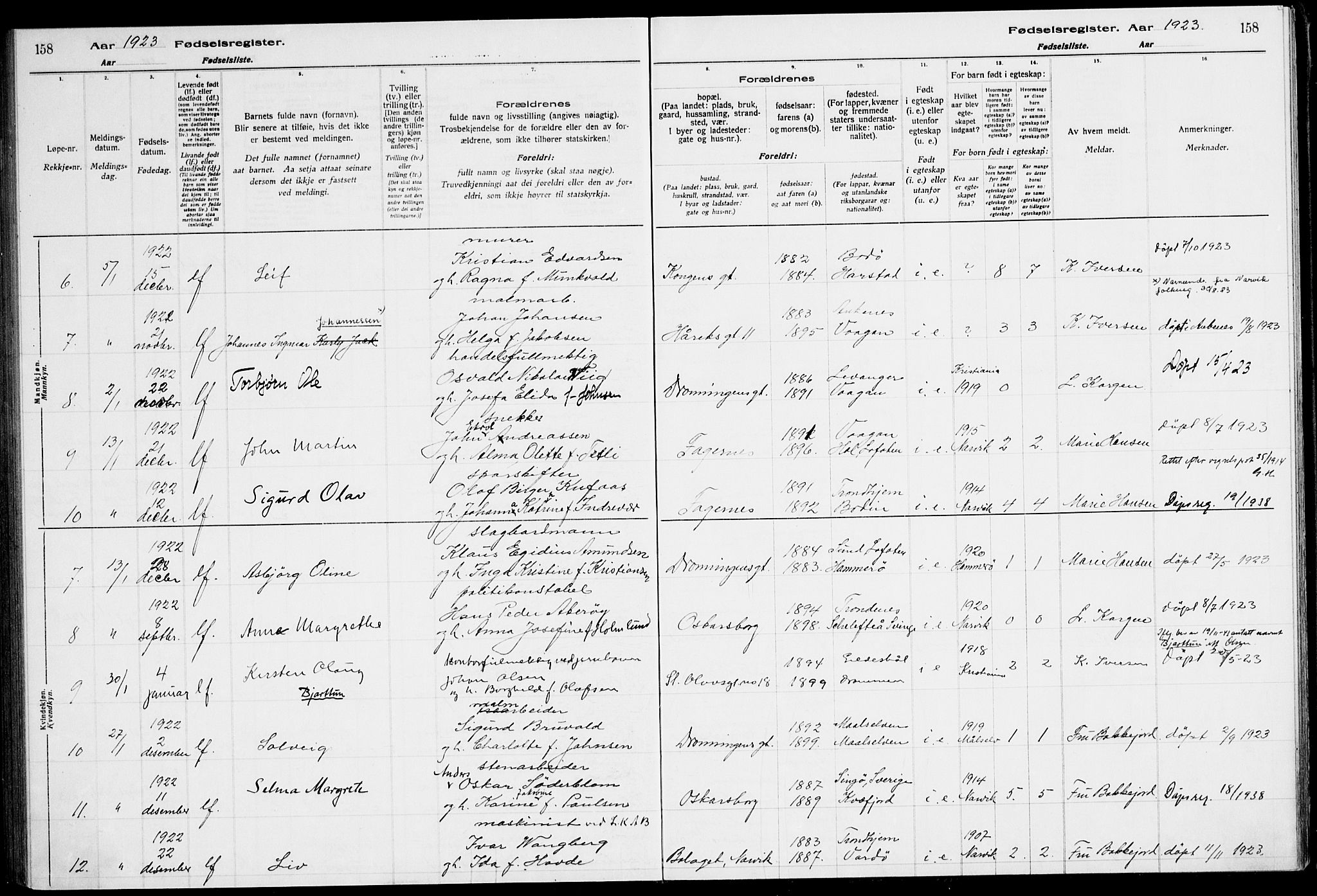 Ministerialprotokoller, klokkerbøker og fødselsregistre - Nordland, AV/SAT-A-1459/871/L1013: Fødselsregister nr. 871.II.4.1, 1916-1924, s. 158