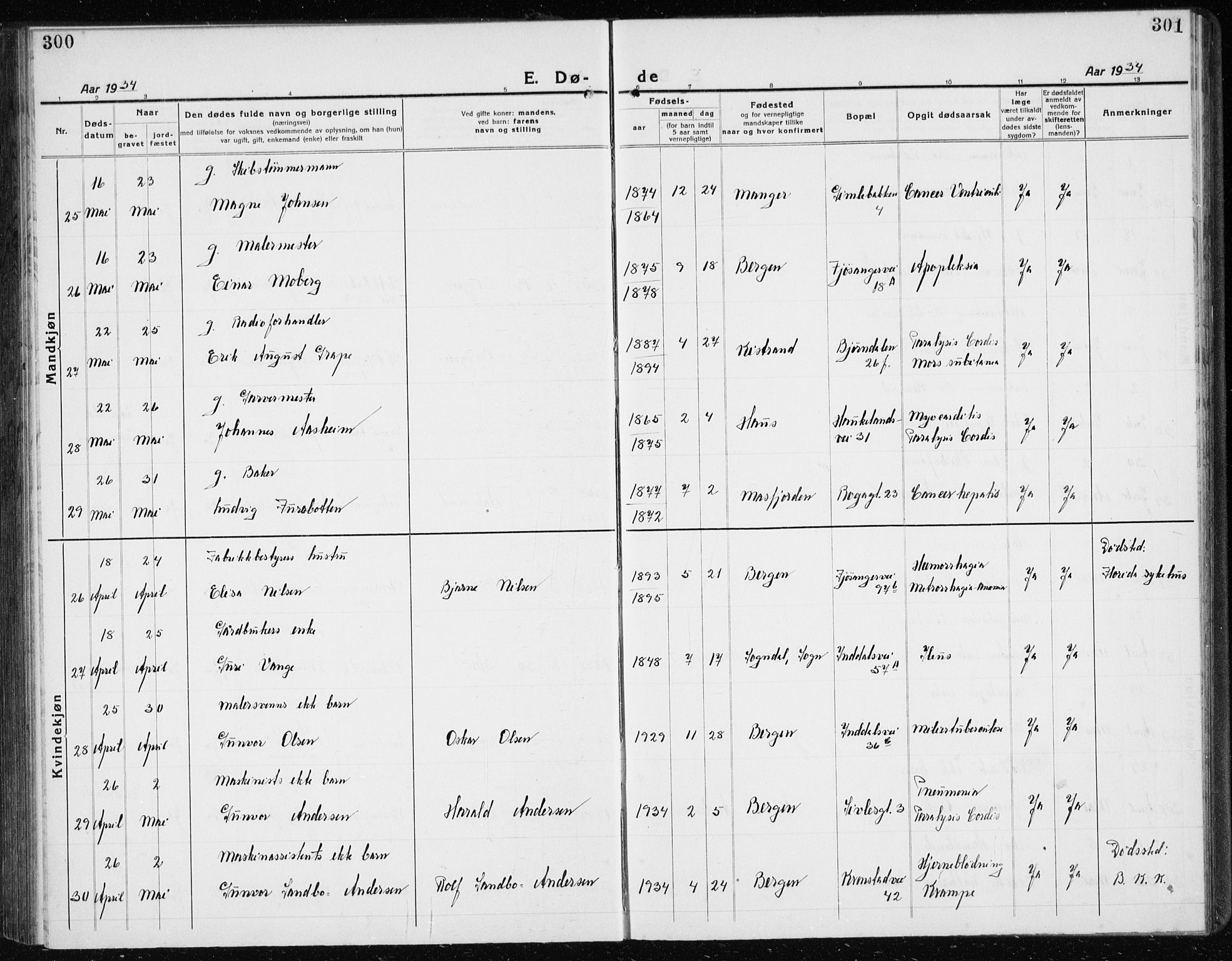 Årstad Sokneprestembete, AV/SAB-A-79301/H/Hab/L0025: Klokkerbok nr. D 2, 1922-1940, s. 300-301