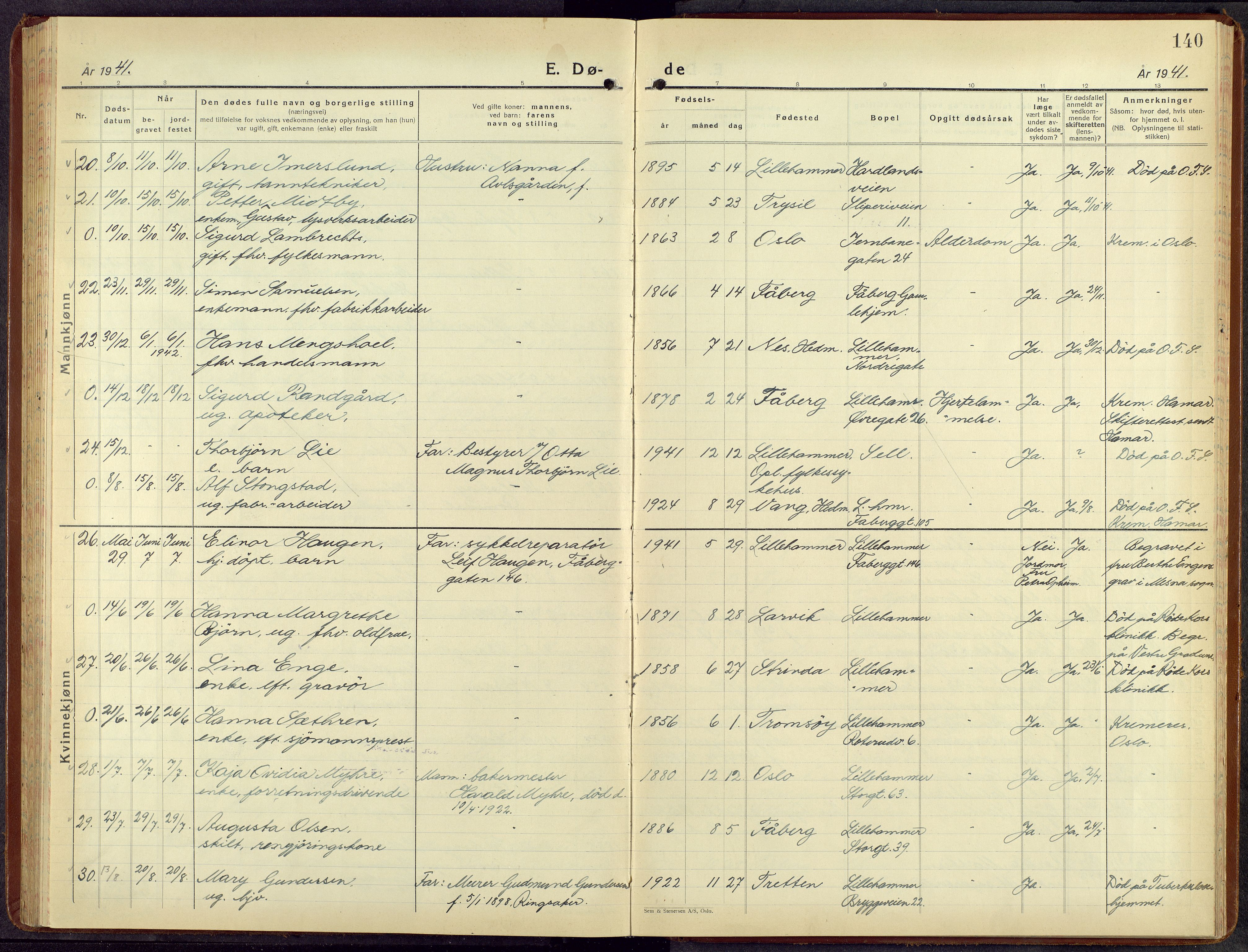 Lillehammer prestekontor, SAH/PREST-088/H/Ha/Hab/L0004: Klokkerbok nr. 4, 1940-1955, s. 140