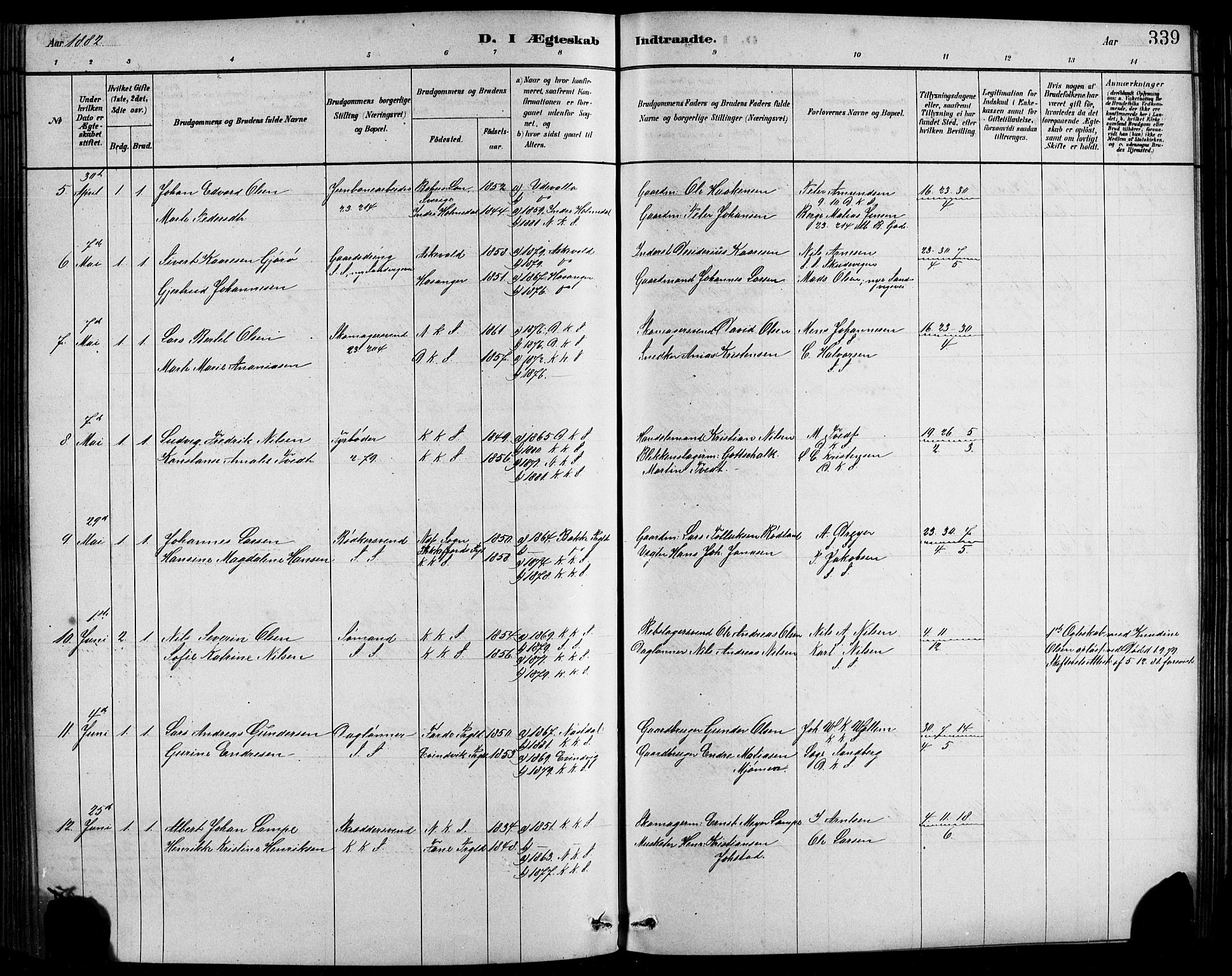 Sandviken Sokneprestembete, AV/SAB-A-77601/H/Hb/L0001: Klokkerbok nr. A 2, 1879-1892, s. 339