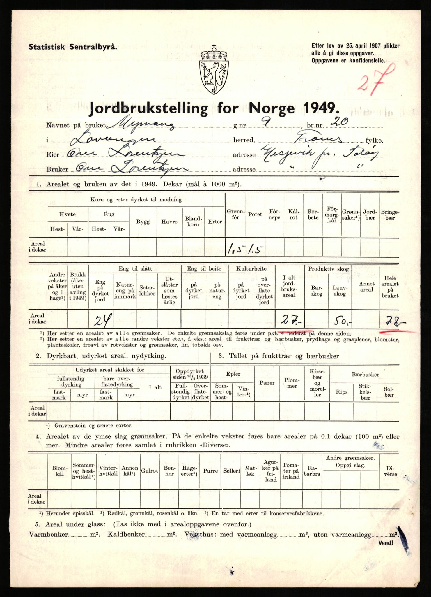 Statistisk sentralbyrå, Næringsøkonomiske emner, Jordbruk, skogbruk, jakt, fiske og fangst, AV/RA-S-2234/G/Gc/L0437: Troms: Gratangen og Lavangen, 1949, s. 353