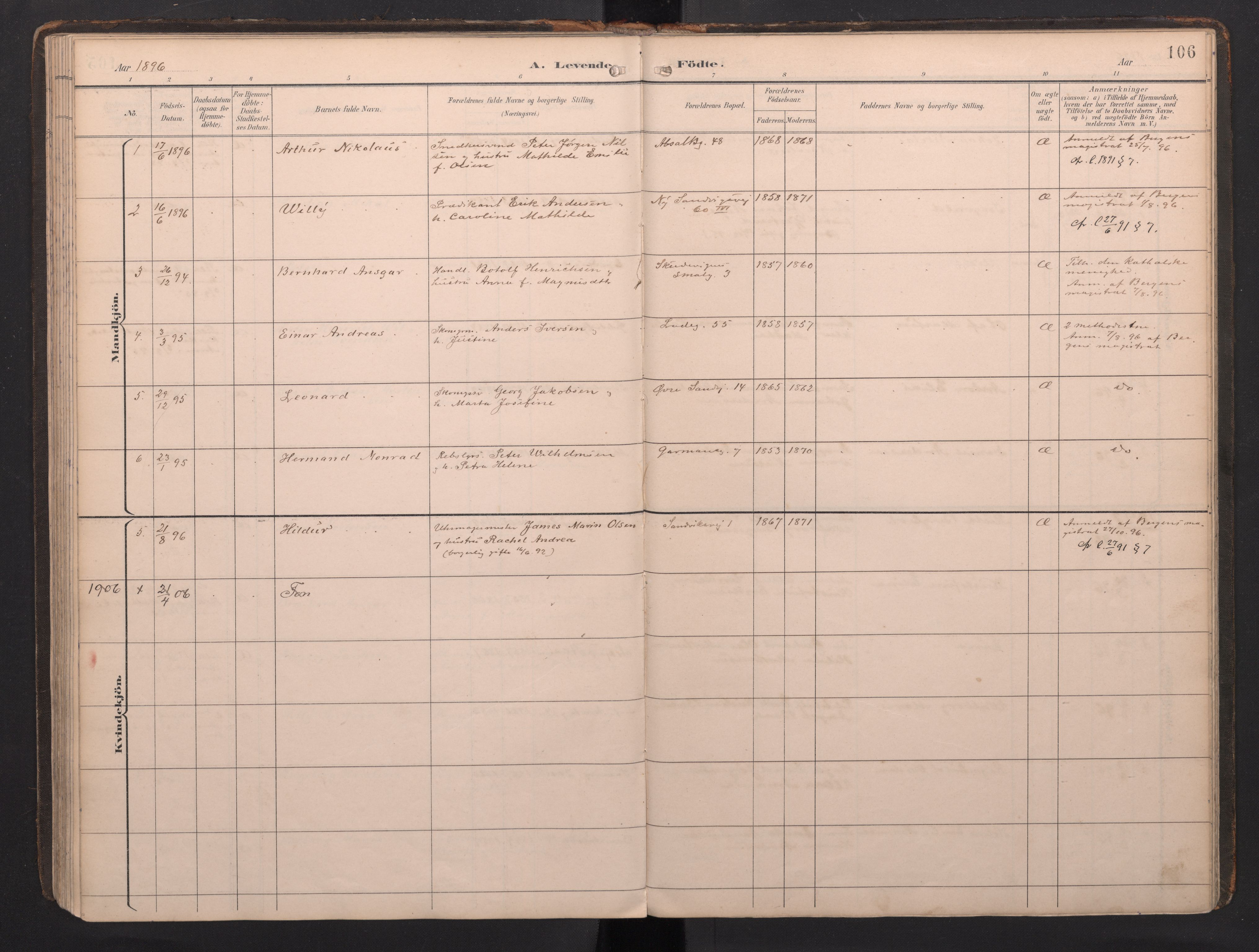 Sandviken Sokneprestembete, AV/SAB-A-77601/H/Ha: Ministerialbok nr. G 1, 1892-2002, s. 106