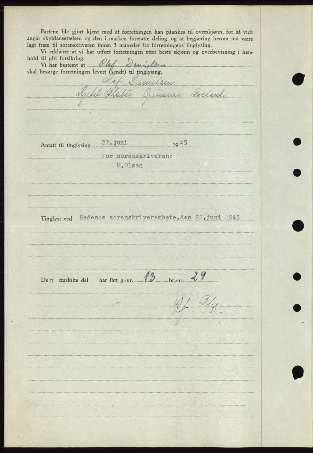 Nedenes sorenskriveri, AV/SAK-1221-0006/G/Gb/Gba/L0052: Pantebok nr. A6a, 1944-1945, Dagboknr: 457/1945