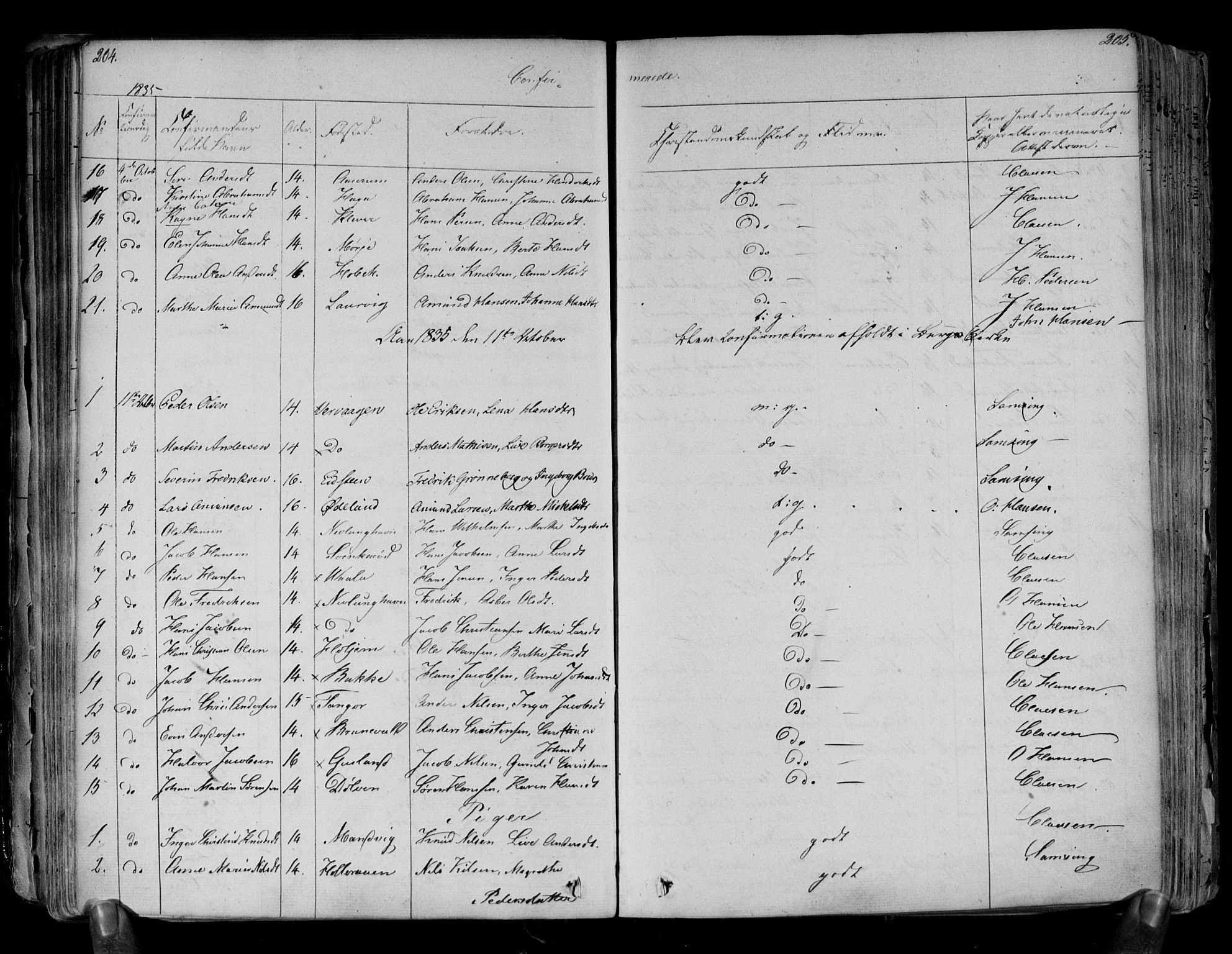 Brunlanes kirkebøker, SAKO/A-342/F/Fa/L0003: Ministerialbok nr. I 3, 1834-1845, s. 204-205