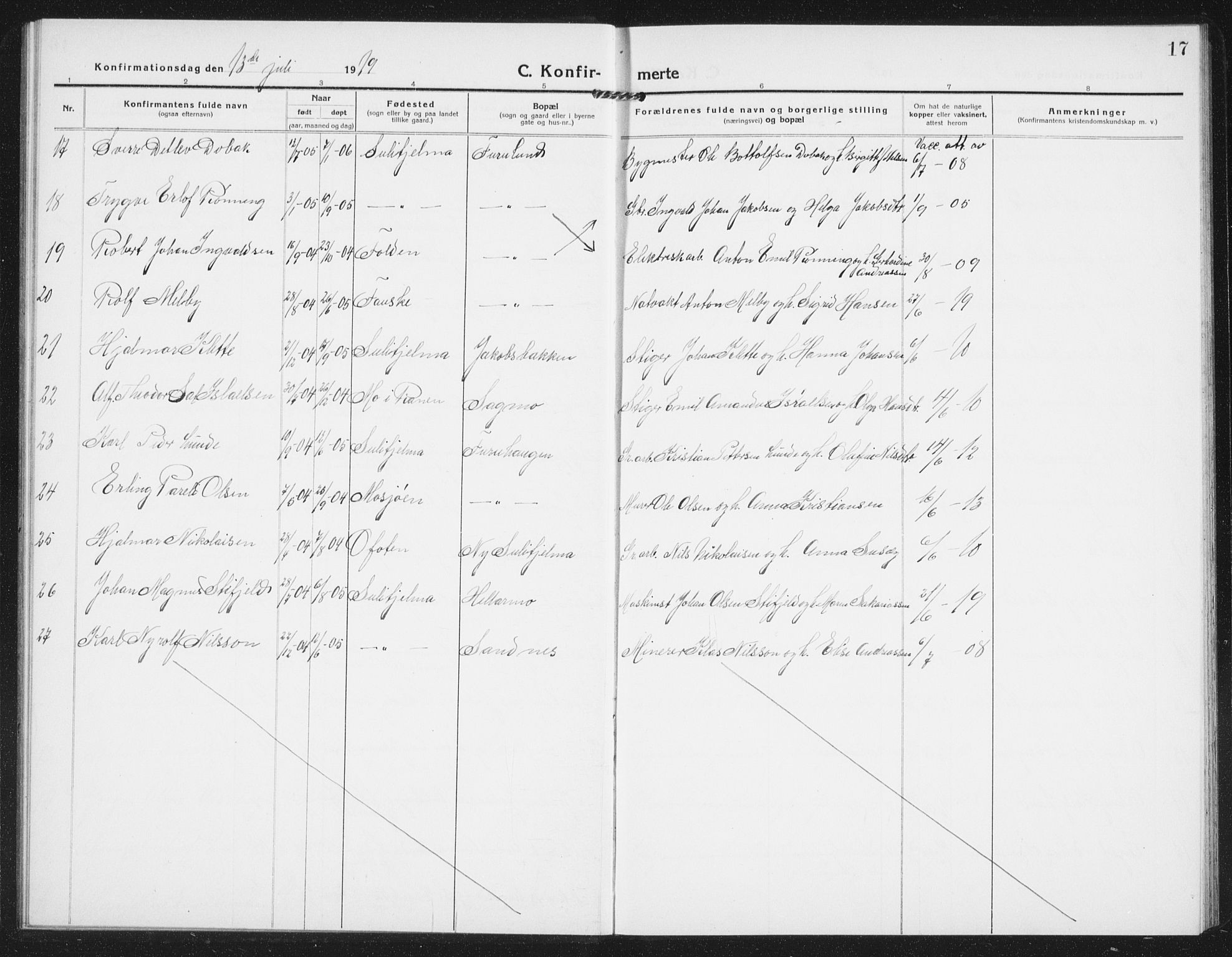 Ministerialprotokoller, klokkerbøker og fødselsregistre - Nordland, AV/SAT-A-1459/850/L0717: Klokkerbok nr. 850C01, 1915-1941, s. 17