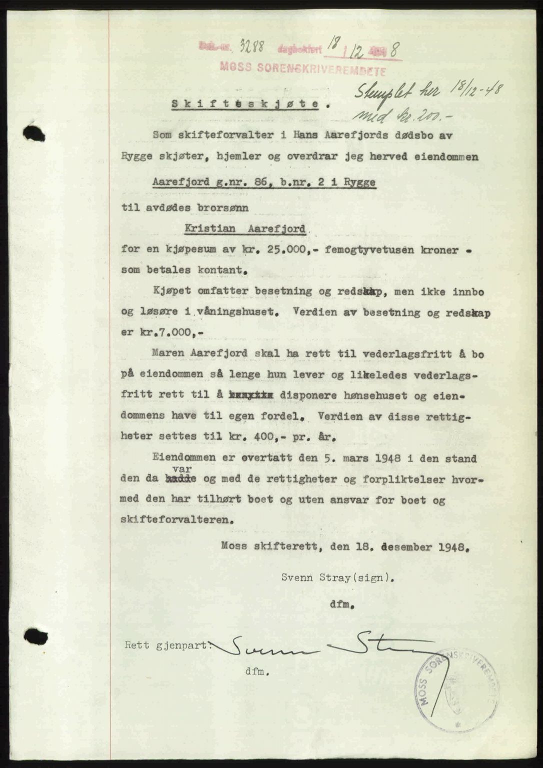 Moss sorenskriveri, SAO/A-10168: Pantebok nr. A20, 1948-1948, Dagboknr: 3288/1948