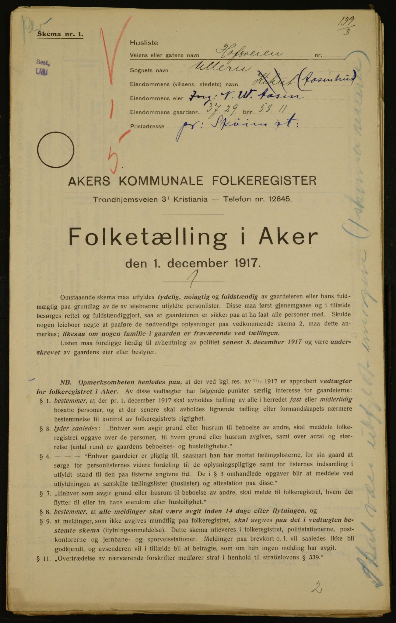 OBA, Kommunal folketelling 1.12.1917 for Aker, 1917, s. 4251