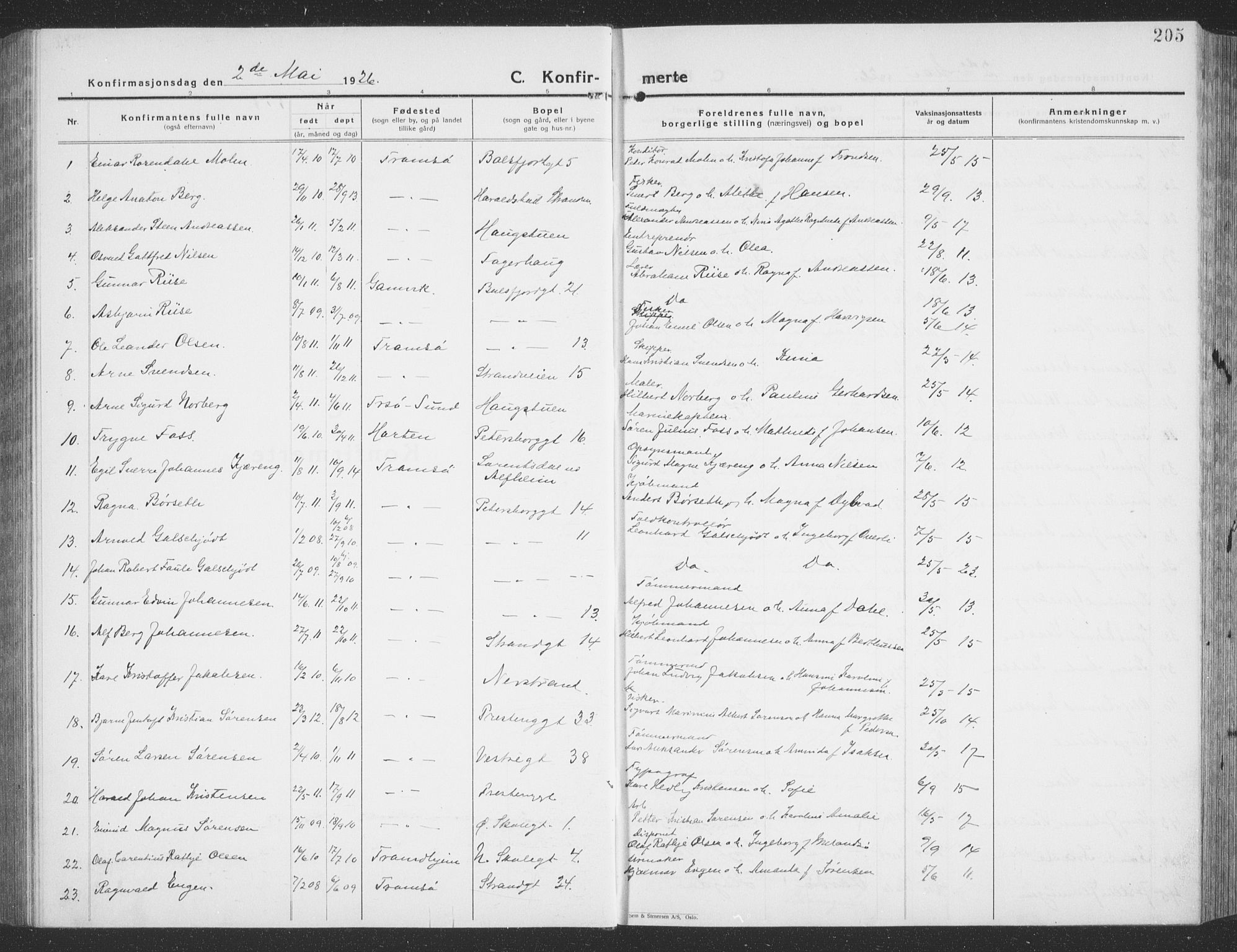 Tromsø sokneprestkontor/stiftsprosti/domprosti, AV/SATØ-S-1343/G/Gb/L0010klokker: Klokkerbok nr. 10, 1925-1937, s. 205