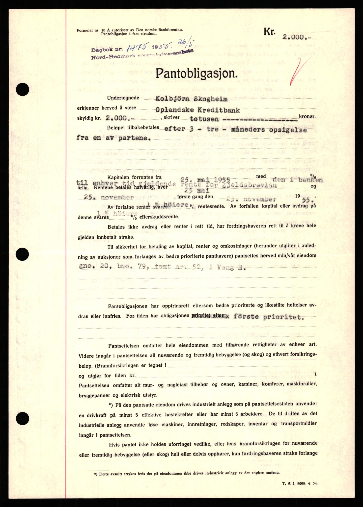 Nord-Hedmark sorenskriveri, SAH/TING-012/H/Hb/Hbf/L0032: Pantebok nr. B32, 1955-1955, Dagboknr: 1475/1952